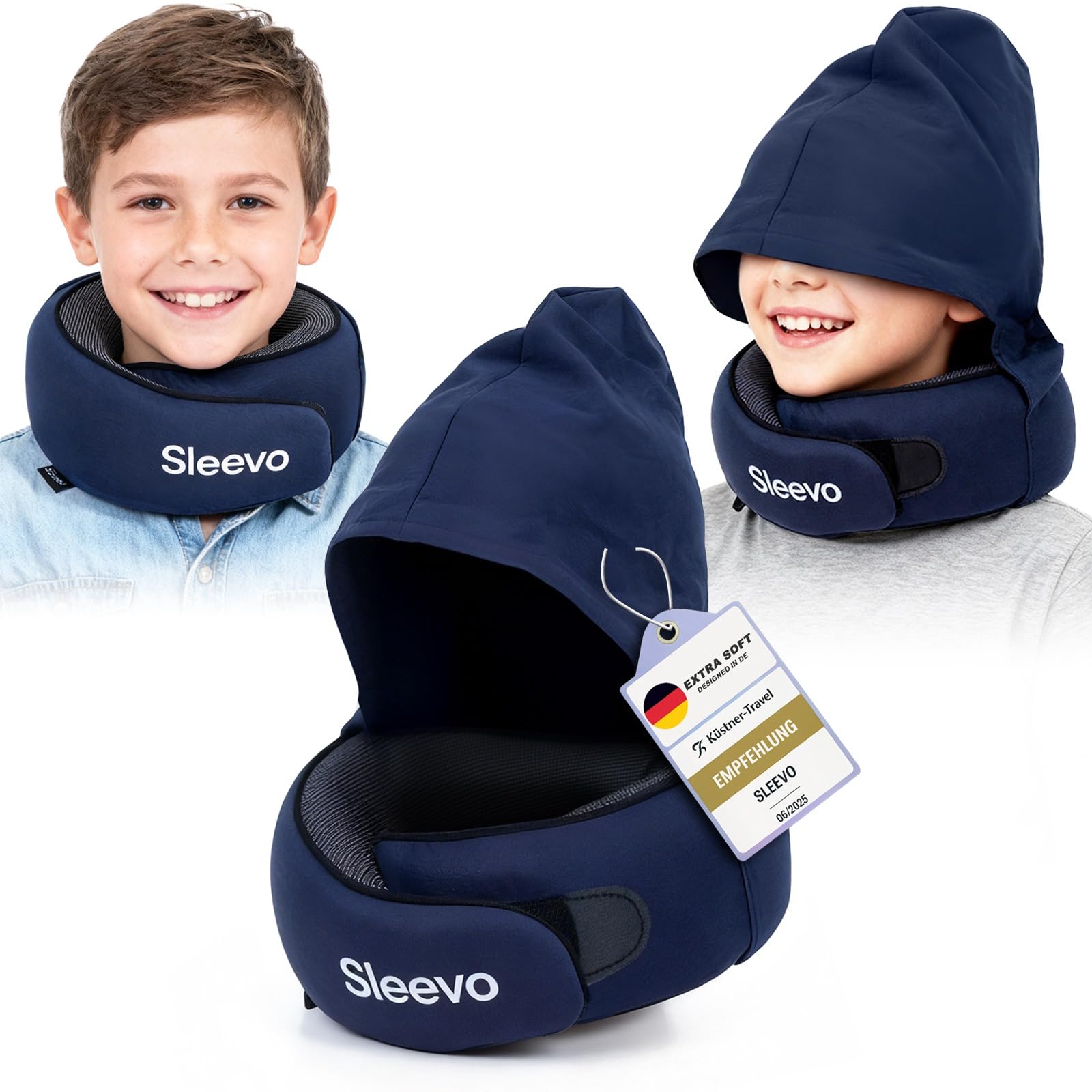 Sleevo Nackenkissen Flugzeug Kinder mit Kapuze & Memory Foam – Nackenhörnchen & Kopfstütze für Auto & Flugzeug – Weiches Reisekissen, Waschbar & Ergonomisch inkl. Tasche – Blau – ab 8 Jahren