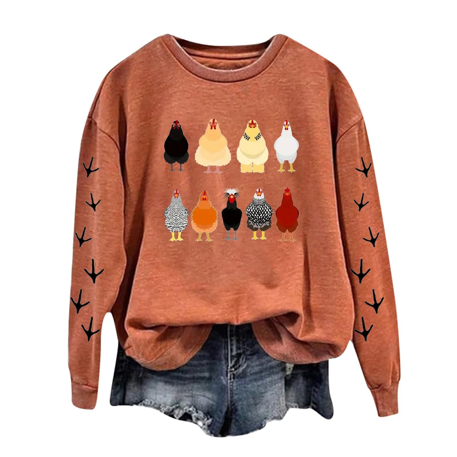 Jersey para mujer, algodón, manga larga, sin capucha, con estampado de pollo, holgado, cómodo para otoño, invierno, informal, deporte, ropa de calle, ocio, uso diario