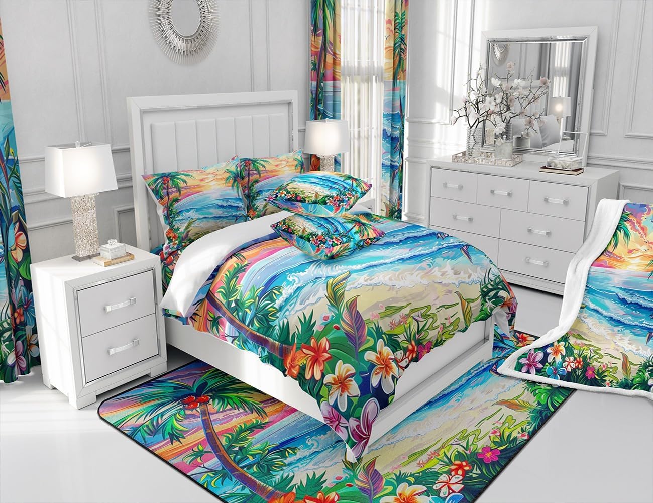Manfei Hawaii Summer Comforter Set Full Size,Seaside Tropical Flowers Coconut Palm Trees Bedding Set 3 Pcs for Teens Young,Watercolor Sunset Sky Paint Down Comforter,Orange Blue Green,2 Pillowcases