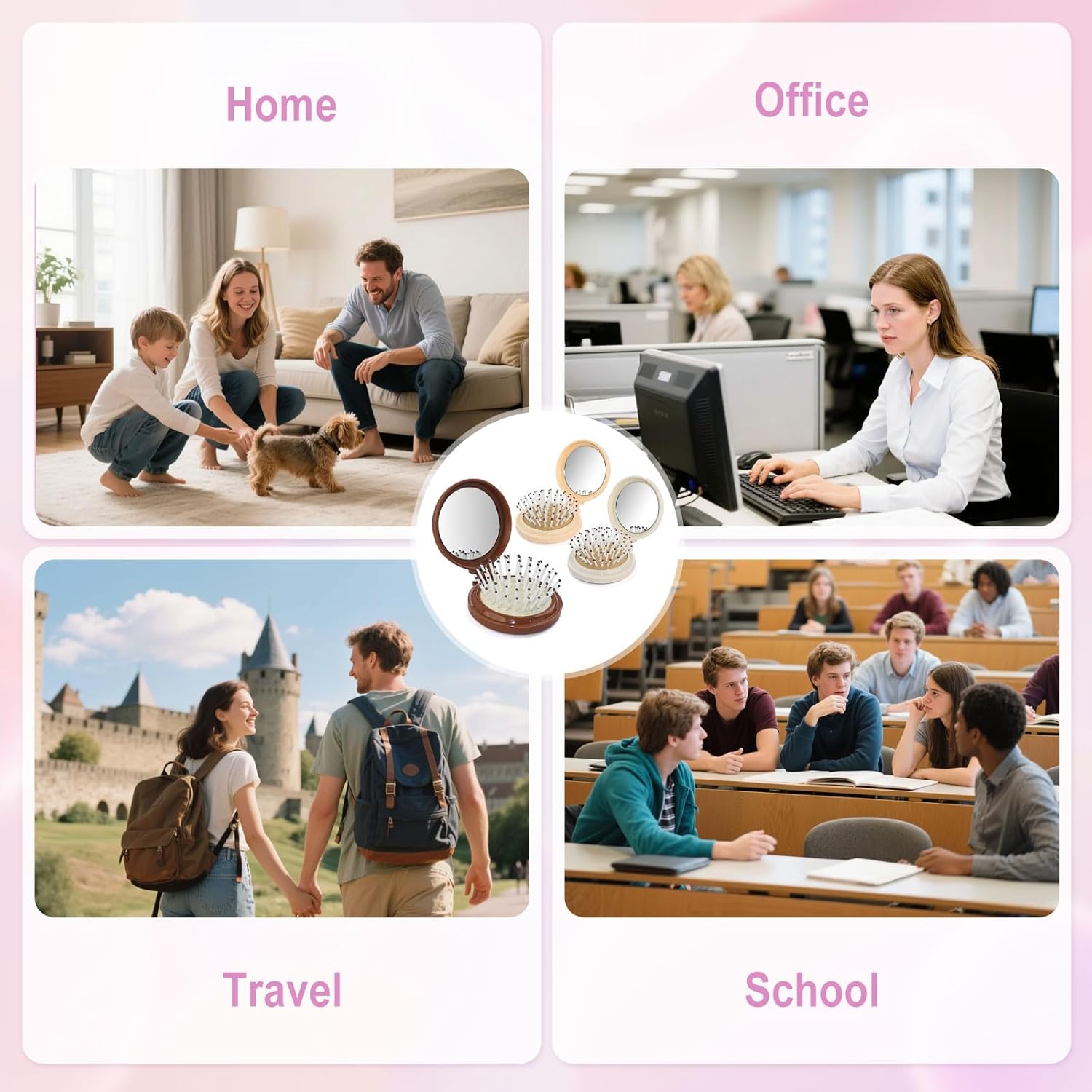 24 Pack Cute Bear Foldable Hair Brush with Mirror,Pocket-Sized Compact Mirror Comb,Mini Hair Brush Bulk,Portable Purse Brush for Travel (3 Colors)