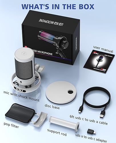 Miniatura 7 de NJSJ Micrófono USB para PC, micrófono de juegos para PS4PS5Macteléfono, micrófono de condensador con silencio táctil, iluminación RGB brillante,