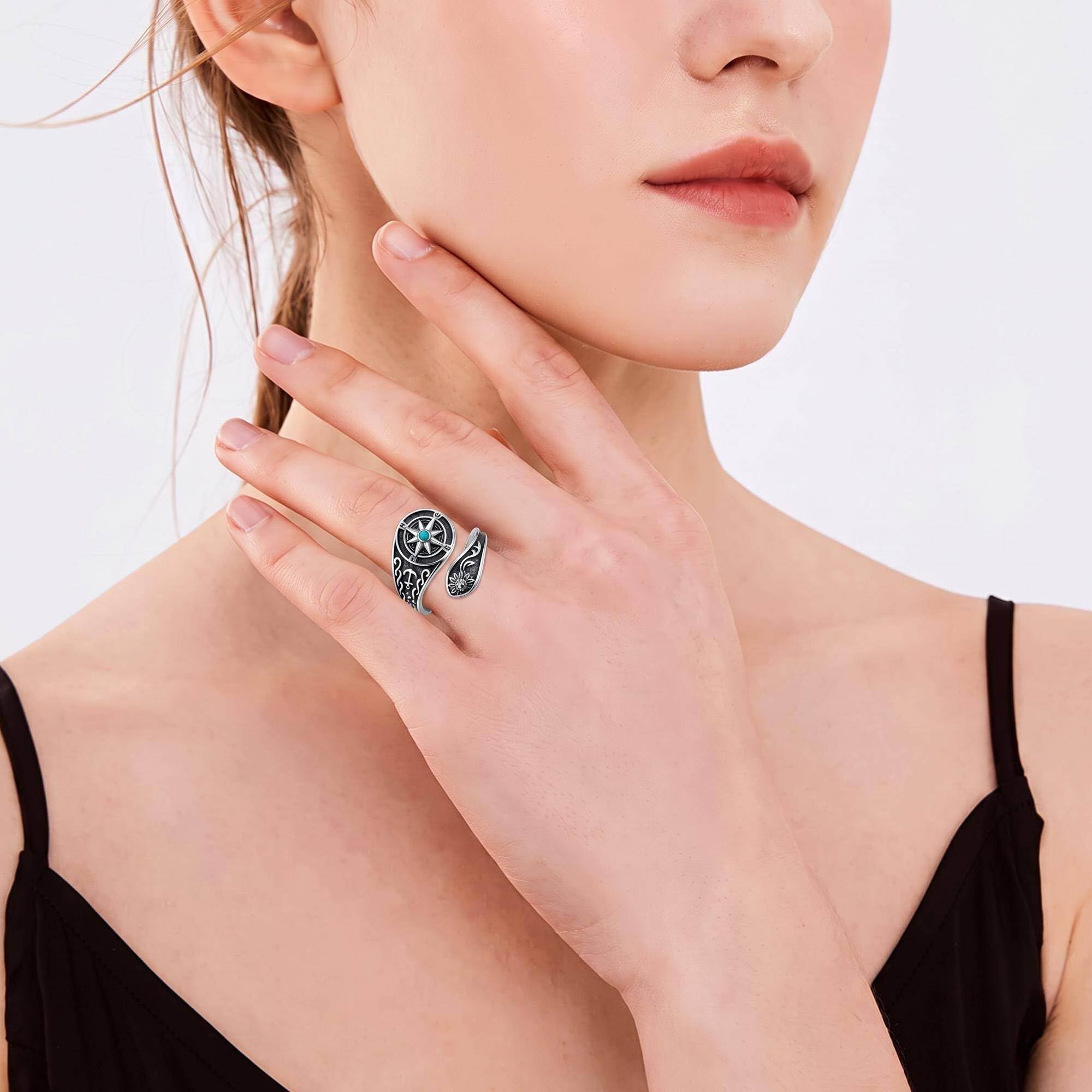 URONE Anillo giratorio de brújula de plata de ley 925 con brújula turquesa, anillo para envolver cucharas, anillos para la ansiedad, regalo para mujeres y amigas