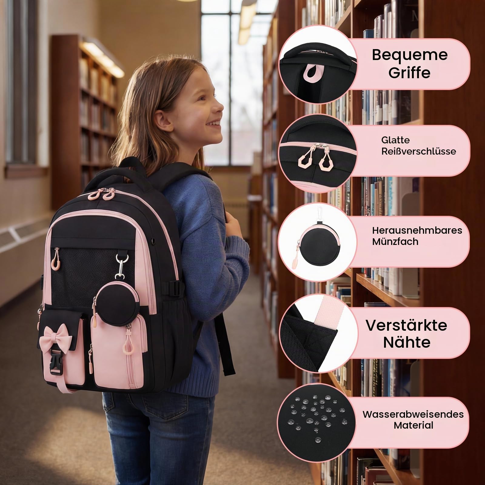 Amythe Schulrucksack für Mädchen 3.-7. Klasse mit Trolley-Gurt, Rosa | Wasserdichter Schultasche für Mädchen 9-16 Jahre mit Reflektoren & Münzbeutel, Leichter Modischer Rucksack für Schule Reise
