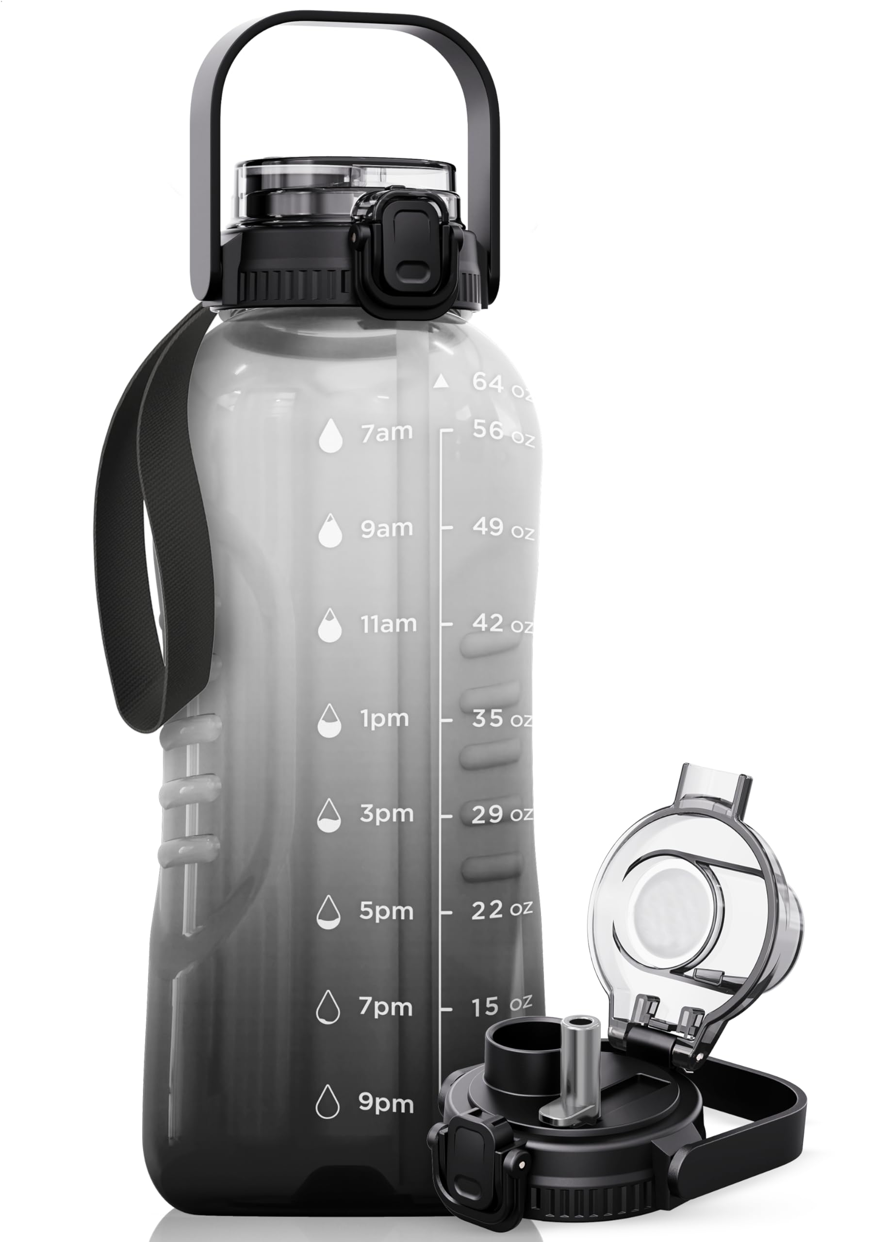 AQUAFIT 64 oz Water Bottle with Time Marker - 2in1 Straw & Chug Lid - BPA Free Big Water Bottle with Straw - Gym Water Bottle with Strap - Water Jug (64 Ounces, Midnight Gray)