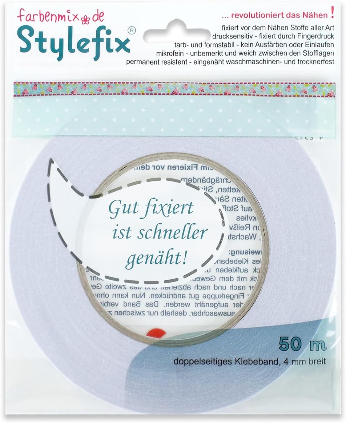 Farbenmix Stylefix Double-Sided Sticky Fabric Tape, 50 m x 4 mm (Assorted Color)