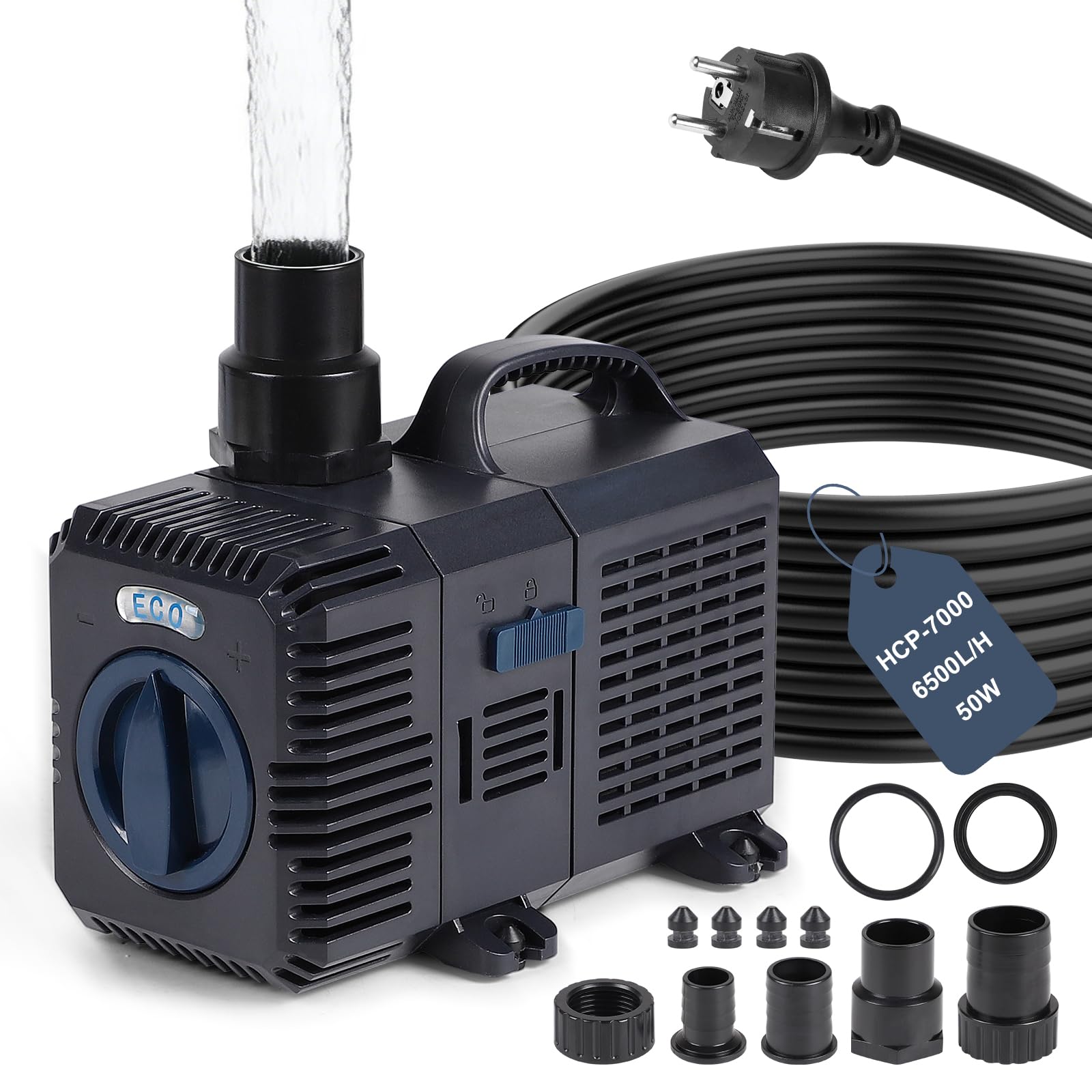 CPROSP Pompa do oczka wodnego 6500 l/h, wysokość tłoczenia 6,2 m, 50 W, ultra ekonomiczna pompa podwodna z kablem 5 m, regulowany przepływ, cicha i trwała, z ceramiczną osią, do ogrodu, filtra stawu