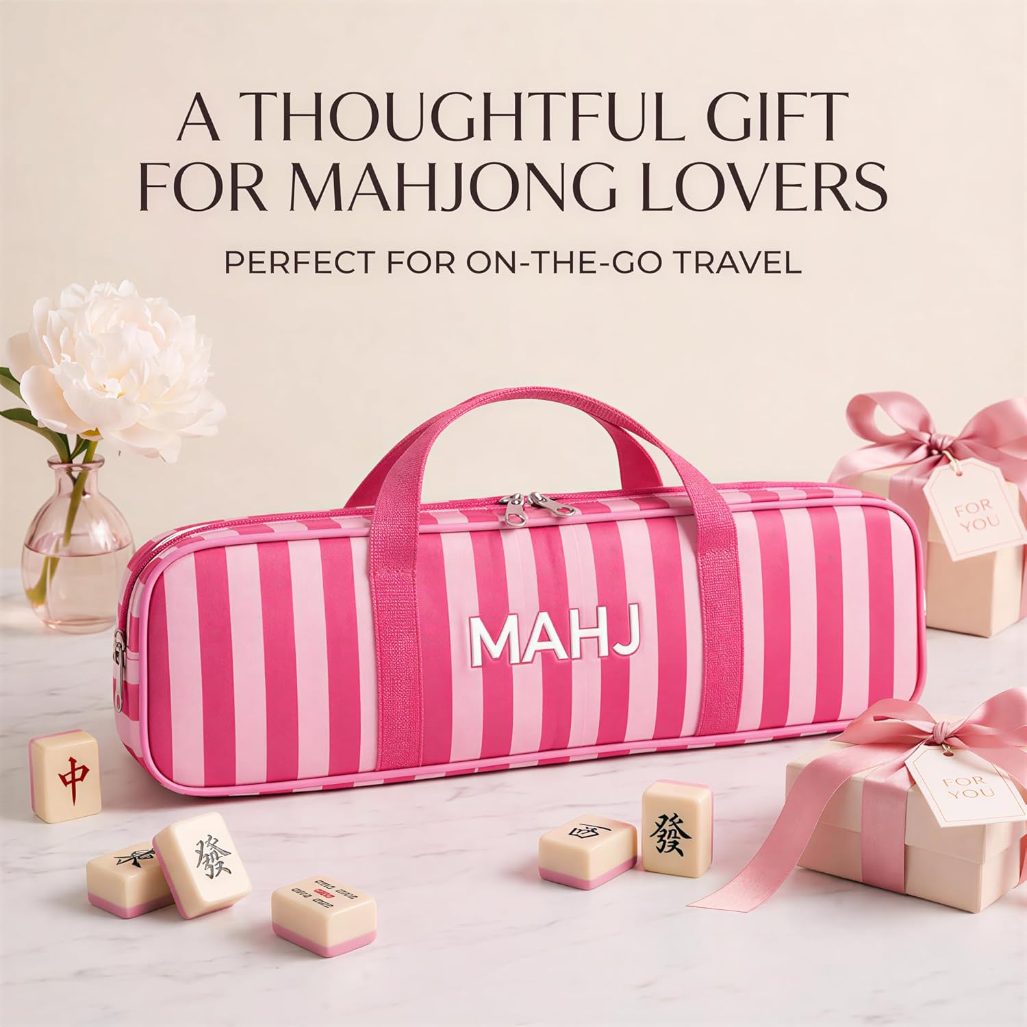 Funvolution Mahjong Rack Storage Bag, Mahjong Rack Bag with Zipper Closure and Double Handles, Pink Striped Mahjong Bag for Racks, Travel Storage Case with Inner Divider, 19.7 x 4.7 x 3.9 in