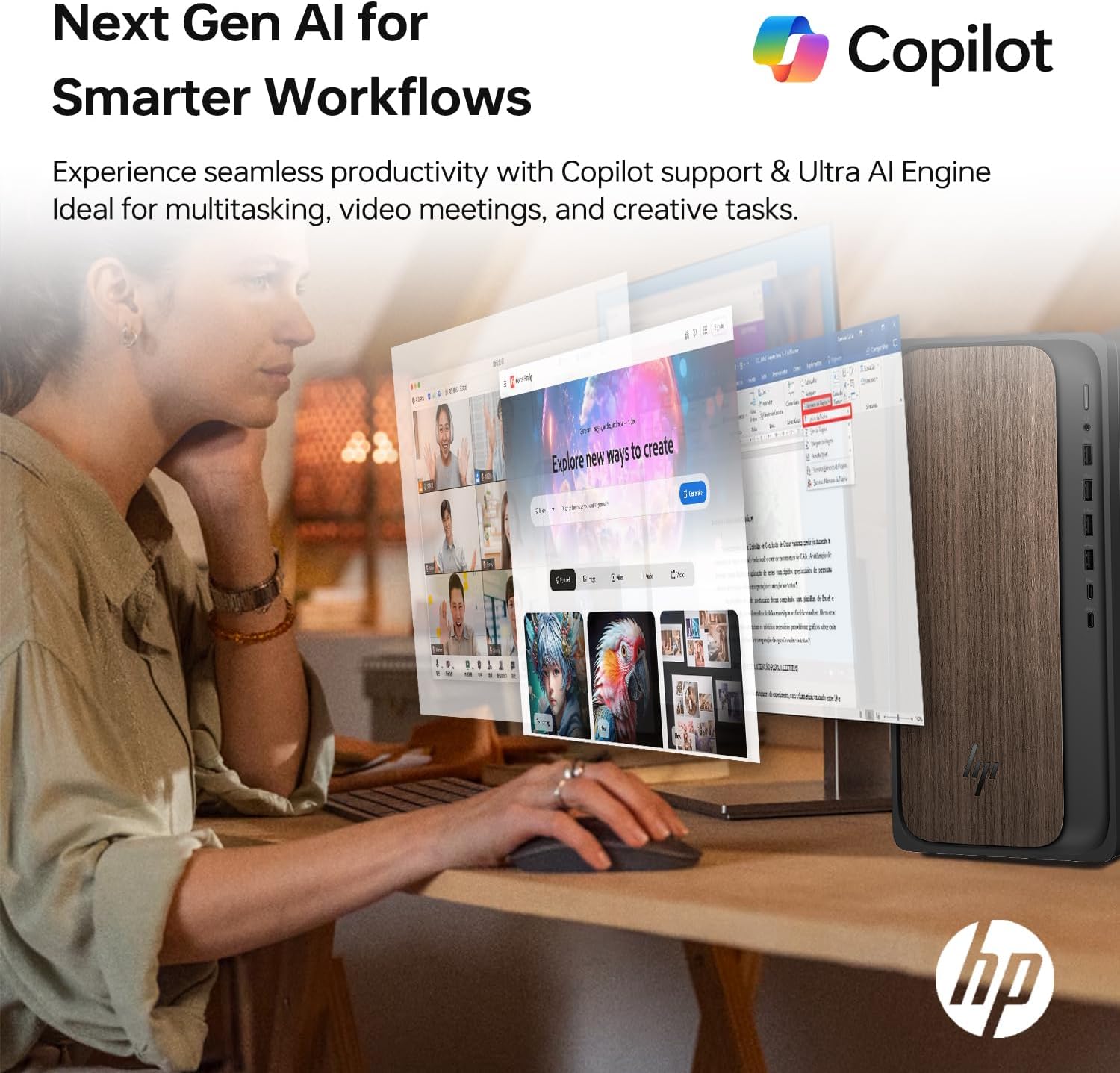 User working on HP OmniDesk M03 with Copilot AI for smarter workflows