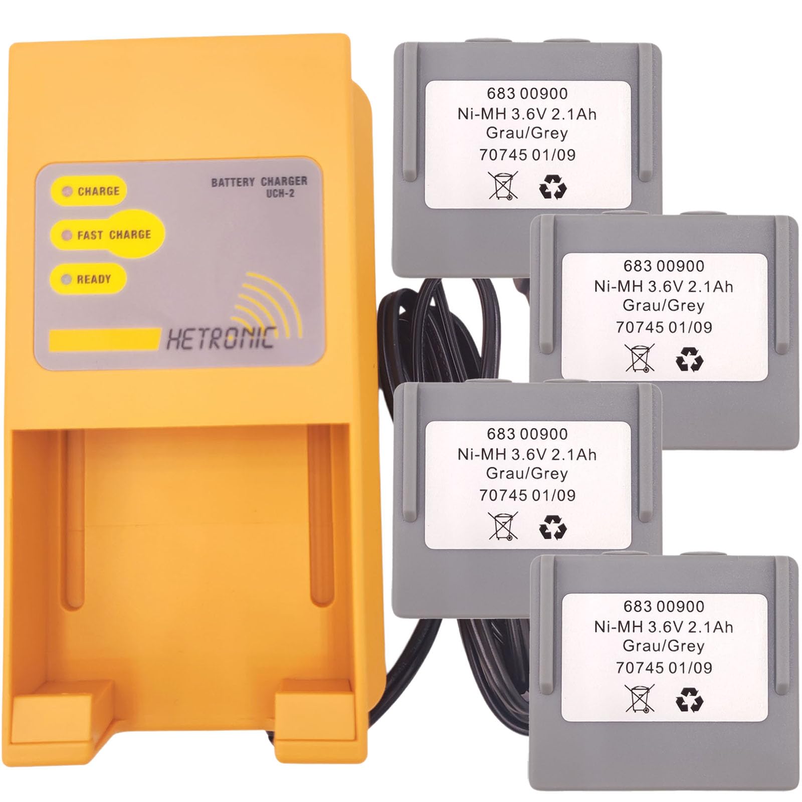(1*Charger + 4*Battery) UCH-2 Battery Charger (Input 90-270VAC Out 300/780mA) with 3.6 Volt 683 00900 Battery for Hetronic 68300900 Battery + Charger (US Plug)