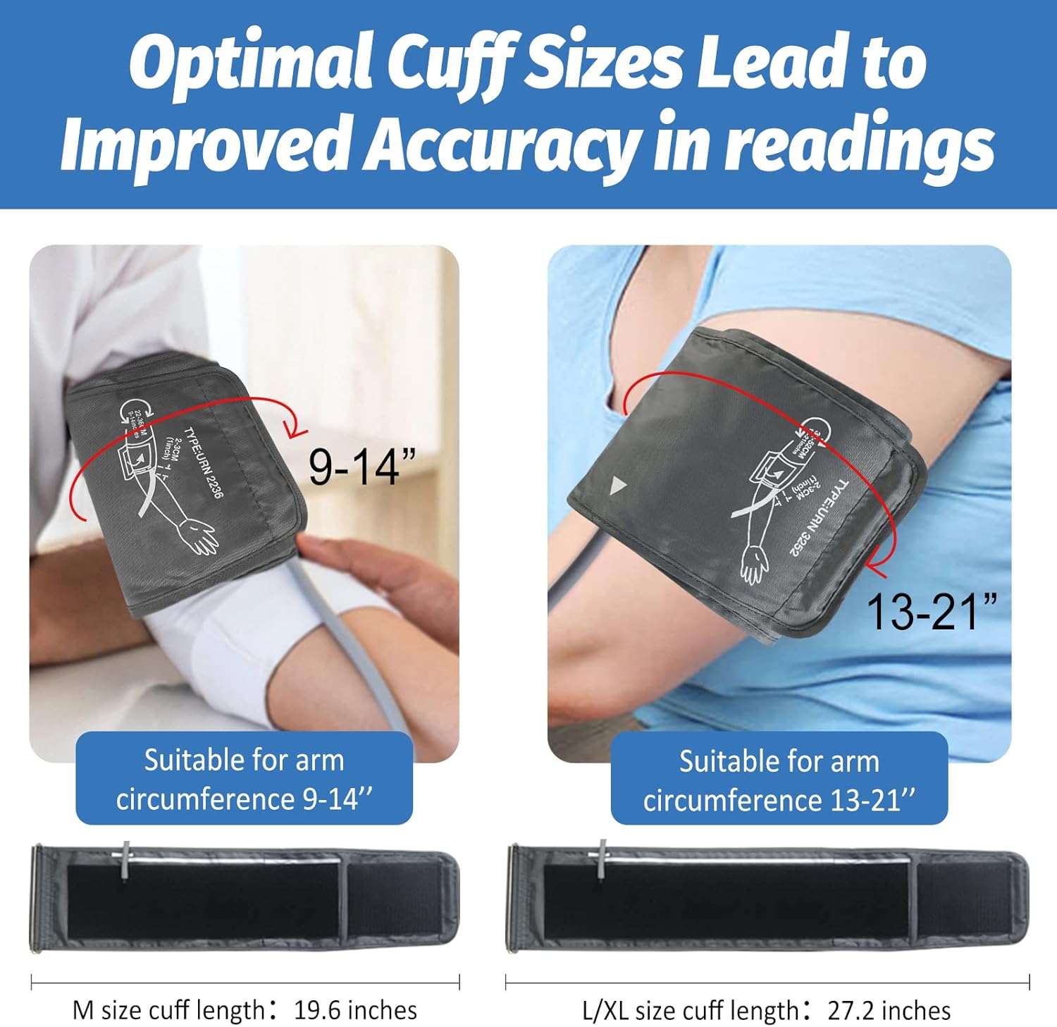 Two blood pressure cuffs showing size ranges: 9-14 inches and 13-21 inches