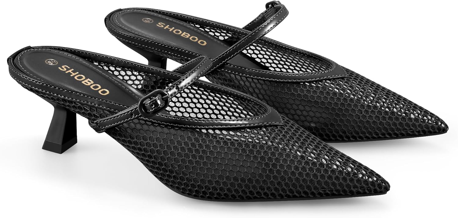 Women's Pointed Toe Kitten Heels Mesh Dress Sandals Slip On Pump Shoes with Strap for Casual Party Office - Image 5