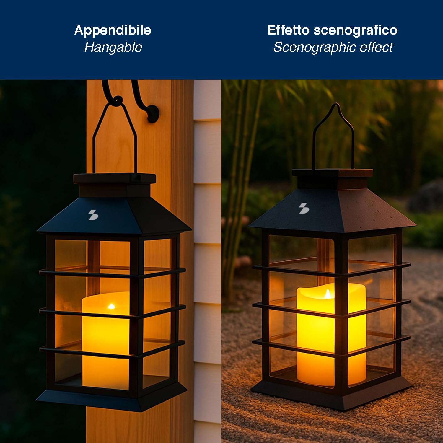 BEPER P207ILO303 Latarnia solarna ze świecą LED z efektem płomienia, zewnętrzna lampa solarna z haczykiem, automatyczne włączanie, ciepłe migoczące światło, IP44 do ogrodu i balkonu