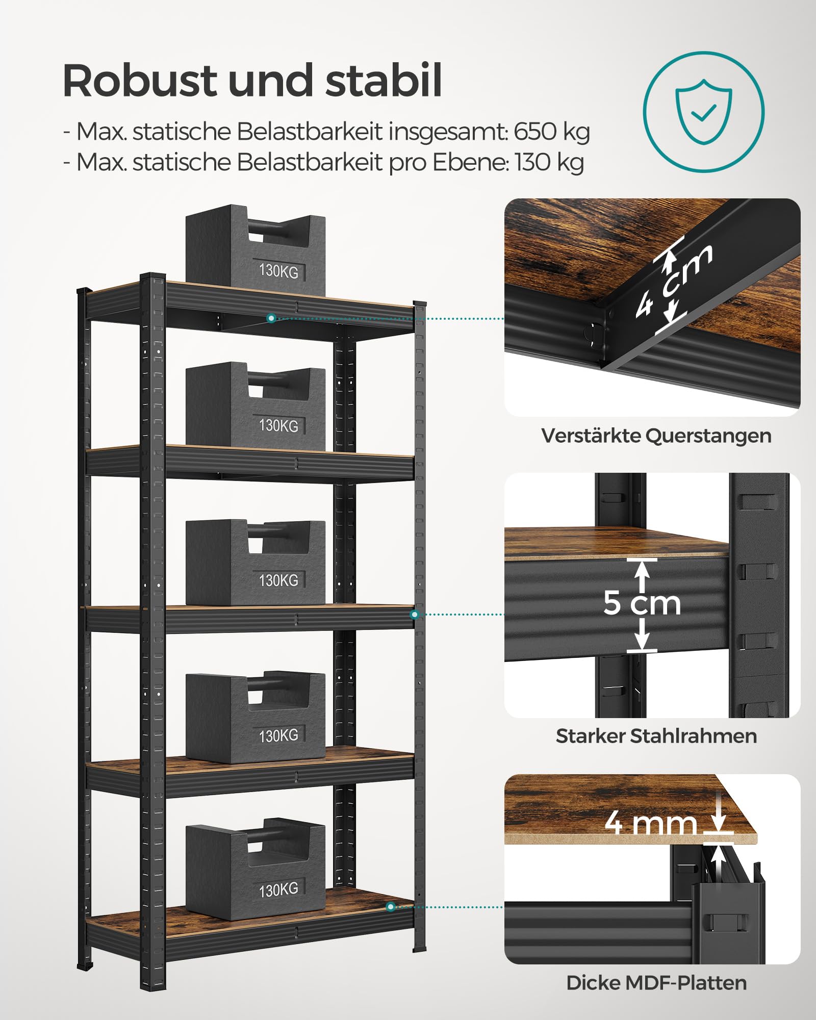 SONGMICS Standregal, Bücherregal, Lagerregal, 5 Ablagen, Küchenregal, Regal, 30 x 75 x 150 cm, bis 650 kg belastbar, verstellbare Ablagen, Industrie-Design, vintagebraun-schwarz GLR030B01