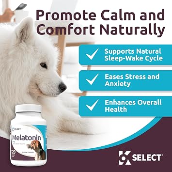 K9 Select Melatonin for Dogs - Calming Aid - Adrenal Support Sleep Aid - Reduce Stress, Pet Melatonin Treats for Medium Sized - 3 mg, 120 Peanut Butter Flavored Tablets