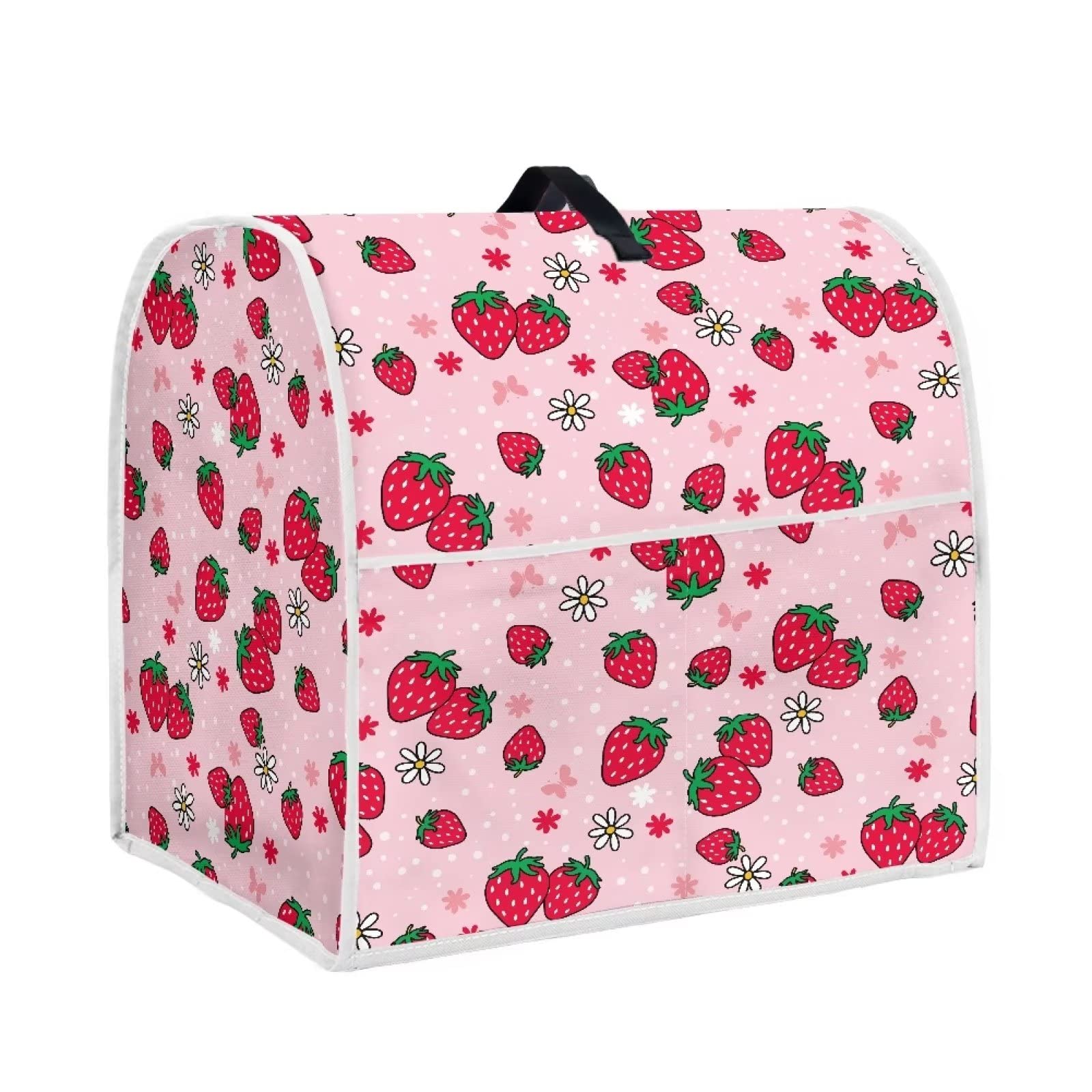 UNICEU Pink Strawberry Kitchen Aid Mixer Cover with Top Handle and Storage Pocket, Quilted Polyester Kitchen Small Appliance Dust Cover for Coffee Maker, Blender, Stand Mixer Cover