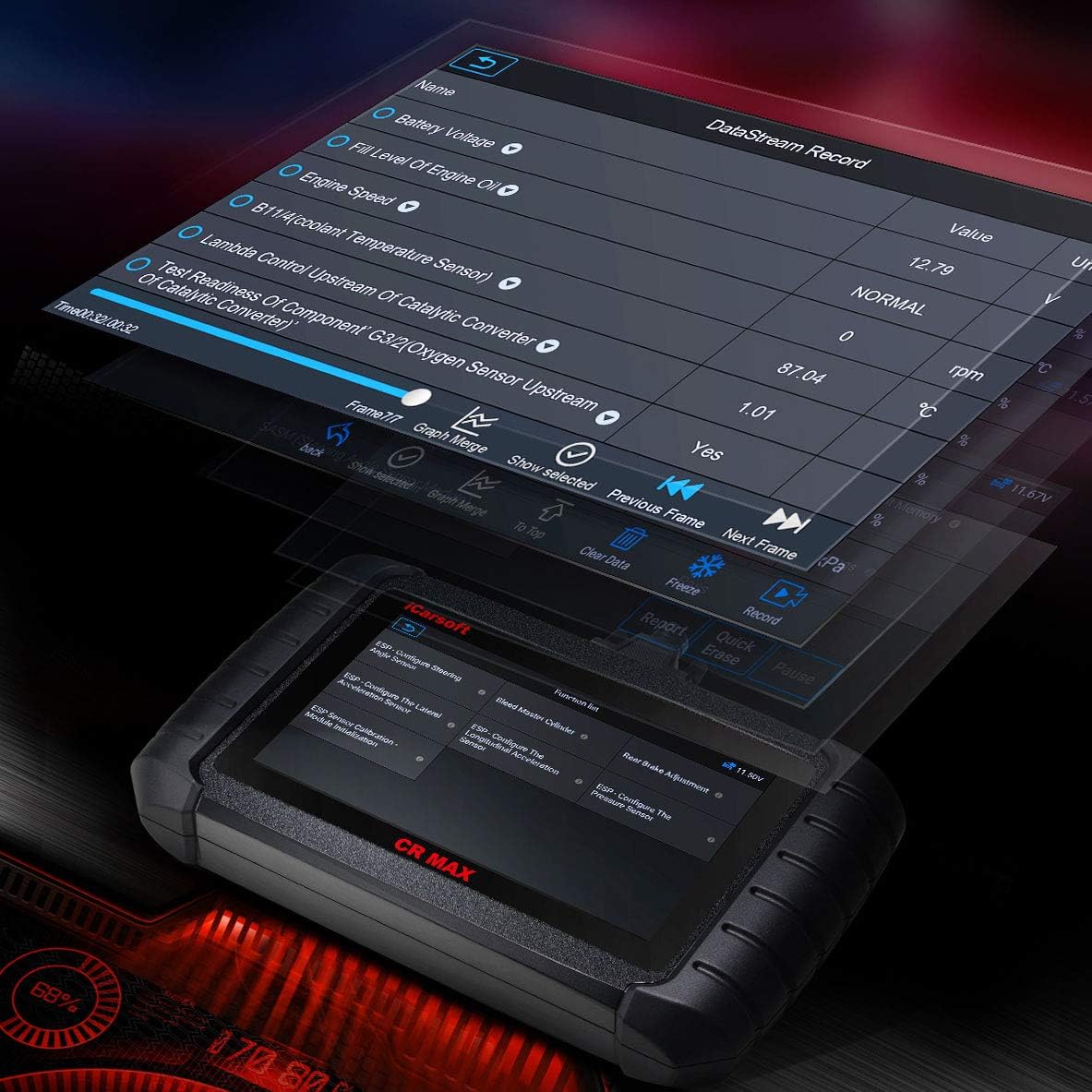 iCarsoft CR Max displaying live data stream.