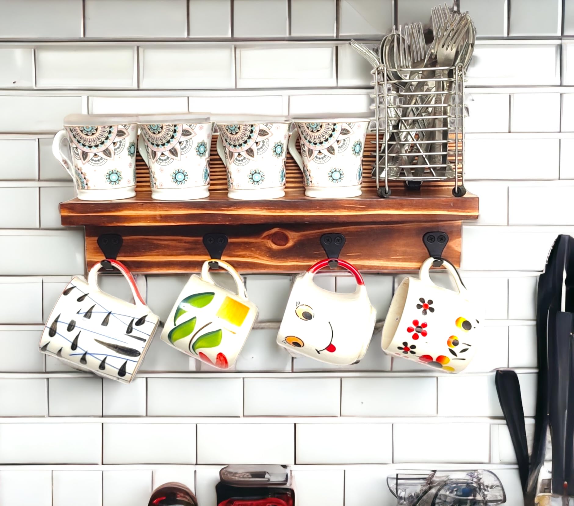 Treegift Coffee Mug Rack Tea Cup Stand Utensil Rack Spoon Holder with 4 Metal Hooks for Kitchen Wall Mount.Pinewood, Size-(16" × 6") inch