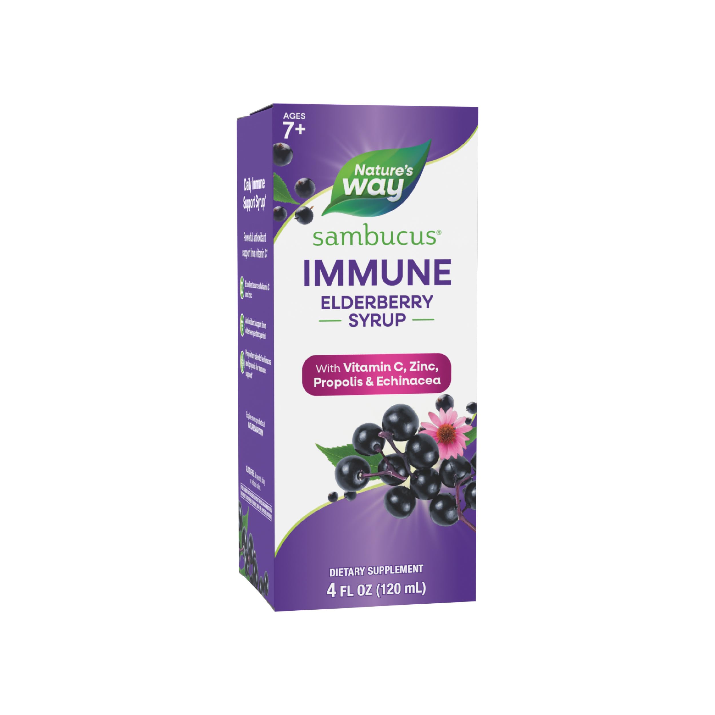 Nature's WaySambucus Elderberry Immune Syrup, Elderberry extract Vitamin C and Zinc with Propolis & Echinacea for Immune Support*, Gluten Free, Vegetarian, 4 Fl Oz