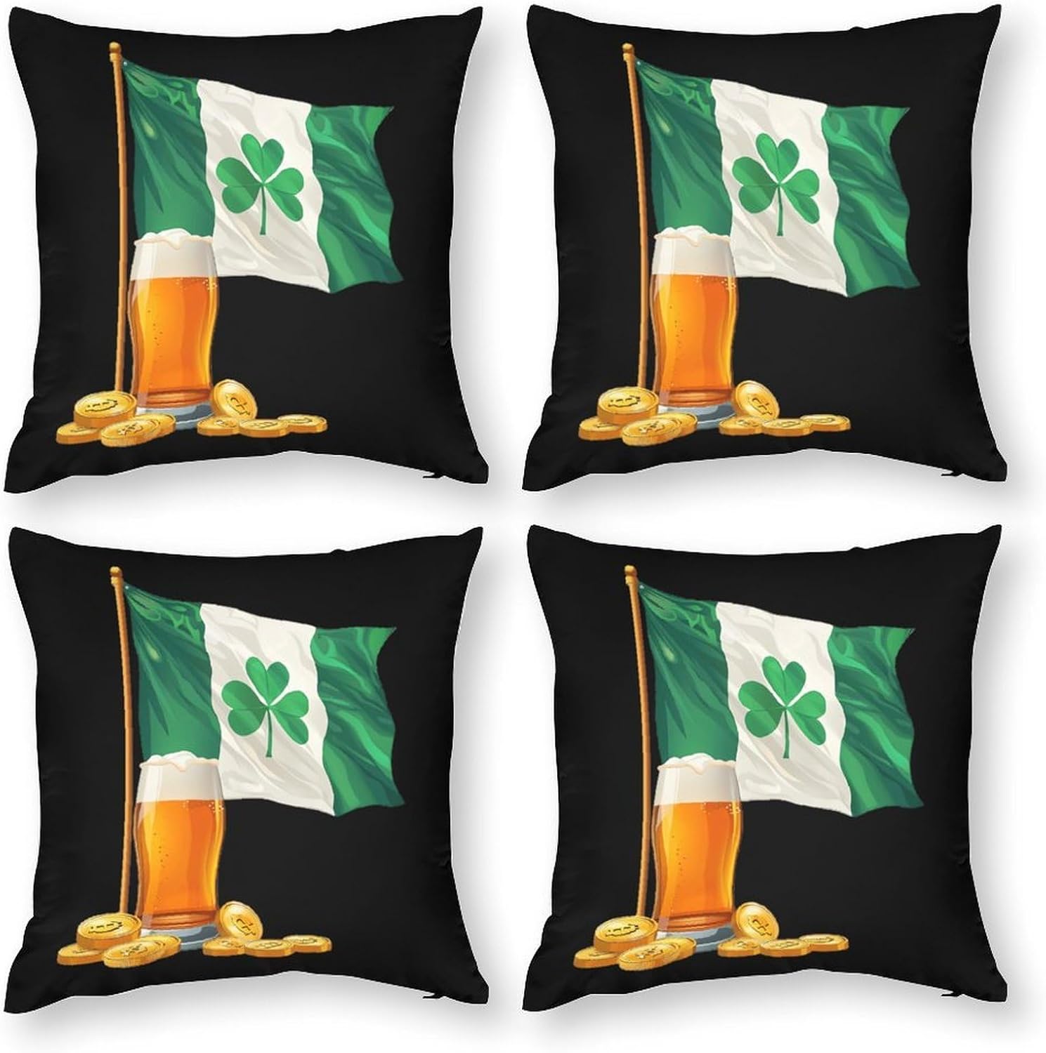 Happy St Patricks Day Beer Coins Printed Throw Pillow Case 4 Pcs Soft Pillowcases Pillows Covers Sofa Bed Decor 12/14/16/17/18/20/22/24/32 Inches