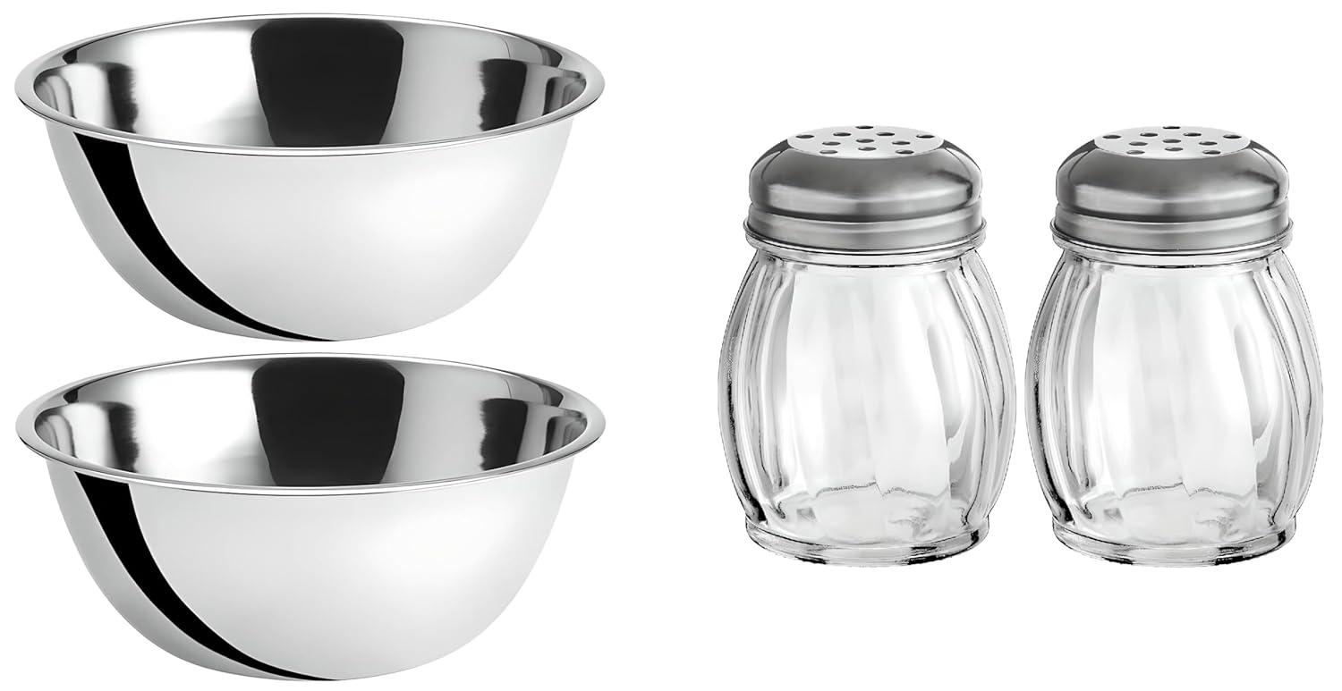 OCS Parts 8 Quart Mixing Bowls and 3.5-Inch Glass Shakers| 2-Pack Stainless Steel Professional Grade Flat Base Mixing Bowls and 2-Pack Spice Shakers
