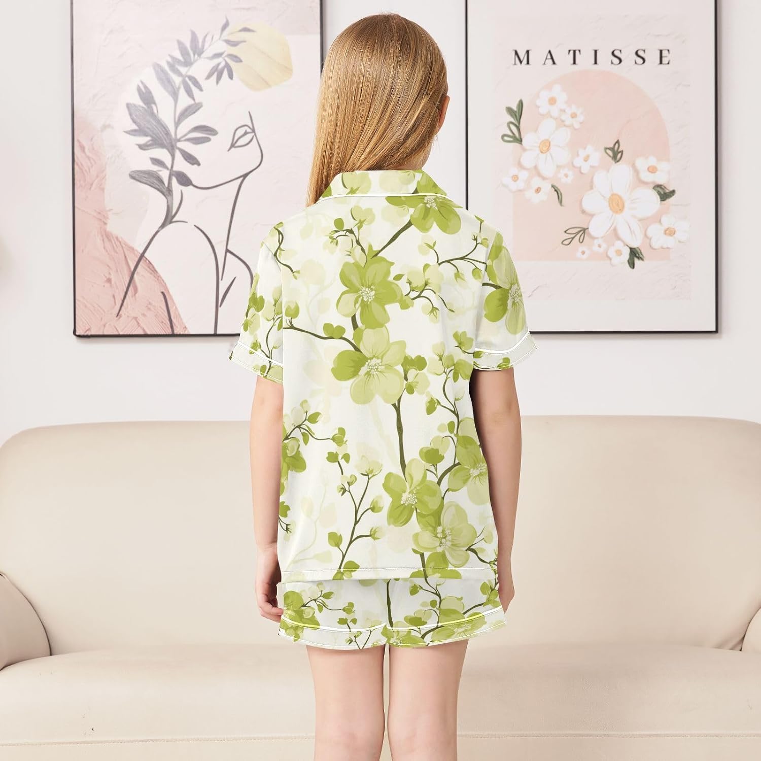 ZZXXB Lime Flowers Kids Satin Short Sets Outfits Casual Button Down Short Sleeve Lounge Set S-XXL