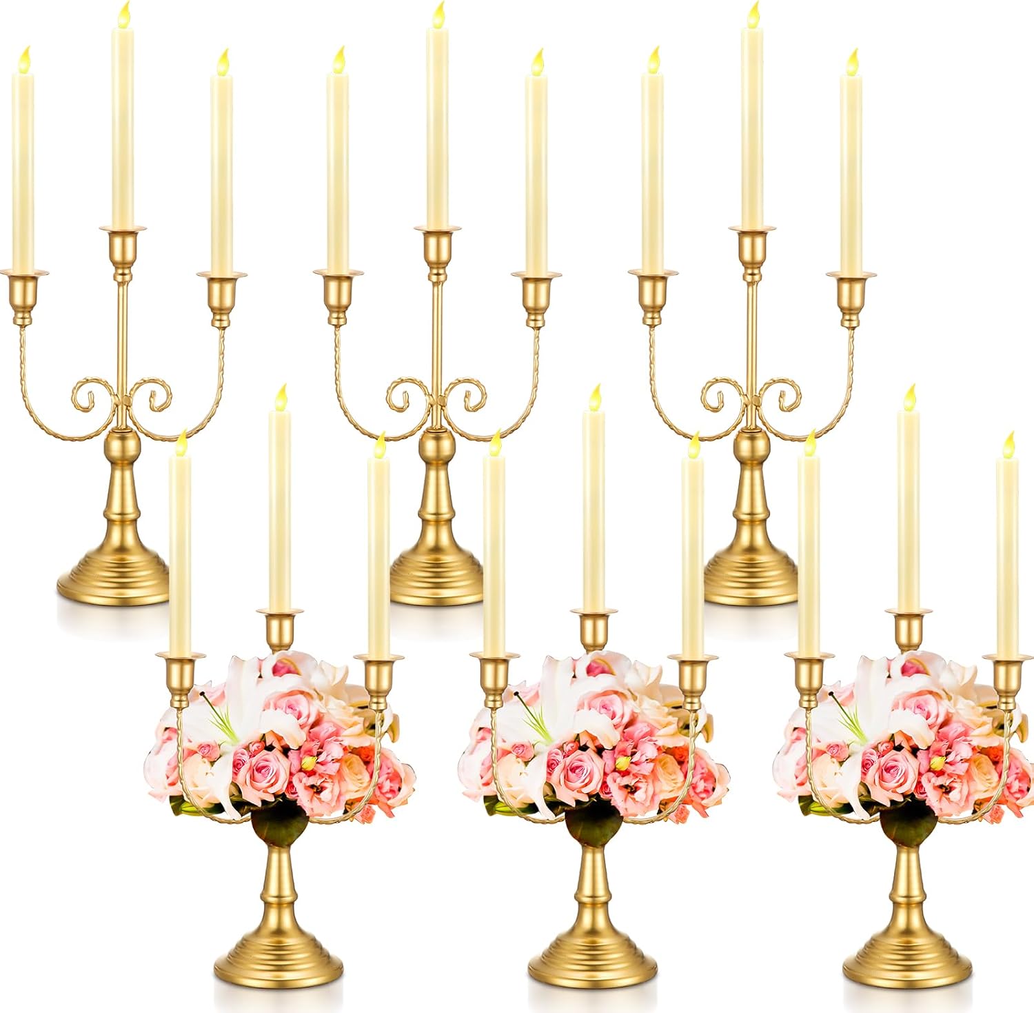 Hushee 6 Pcs Gold Candelabra Candle Stand Metal Candlestick Holder 3 Arm 12 Wedding Candlestick Holder for Theme Party Table Centerpieces Wedding Holiday Birthday Party