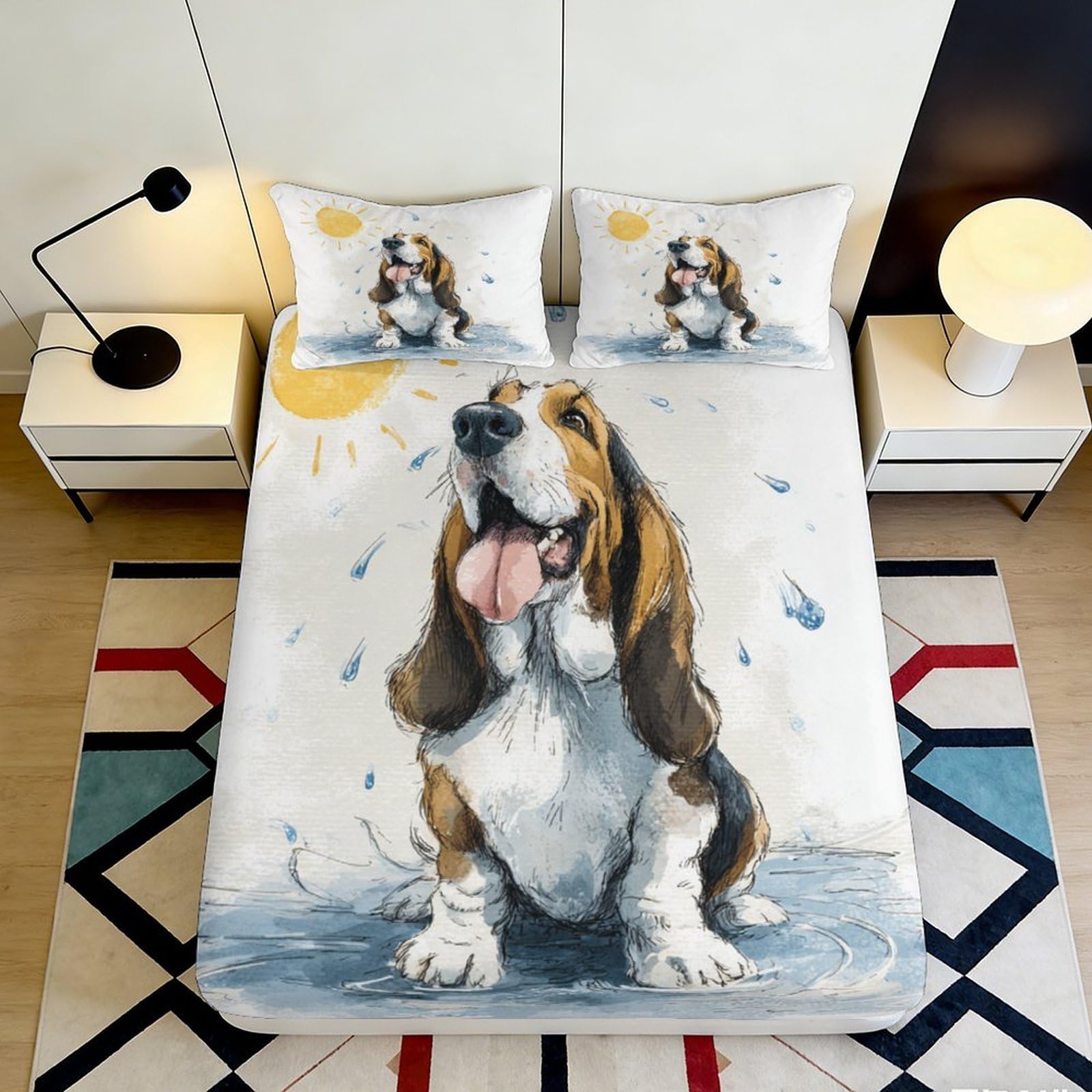 3D Printed Playful Dog Fitted Sheet Microfiber Soft Breathable Water Splash Bed Cover for Bedroom Dorm Decor 90x200x25cm