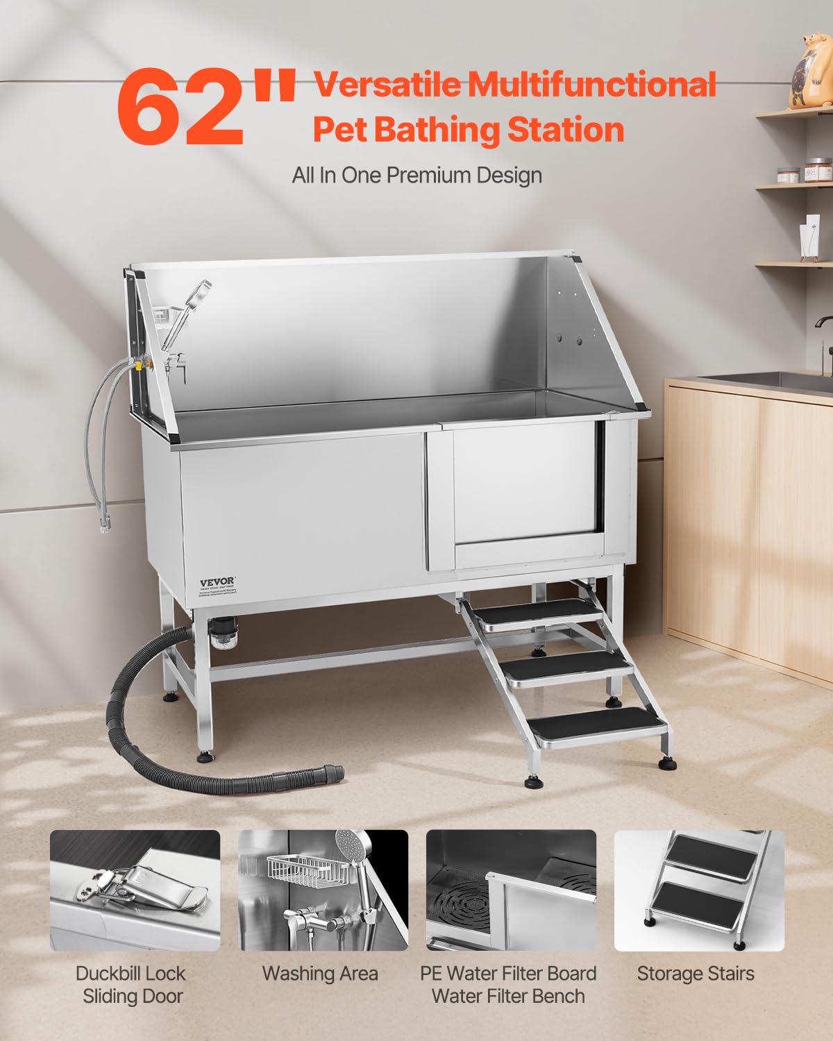 VEVOR Baignoire de Chien Acier Inoxydable, Baignoire de Toilettage pour Animaux de Compagnie 150 cm Station de Lavage Chat, avec Escalier, Panneau Filtre à Eau, Robinet, Pommeau Douche, Porte Droite