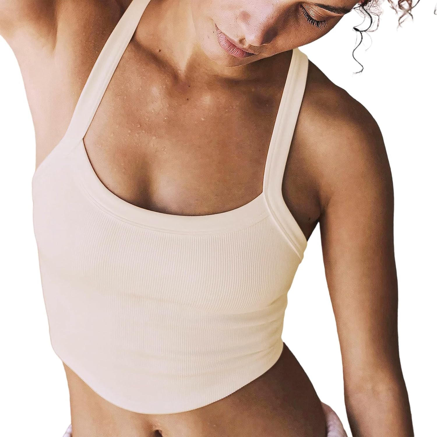 Women's Seamless Crop Tank Tops Scoop Neck Ribbed Workout Cami Cute Athletic Sleeveless Racerback Cropped Tank