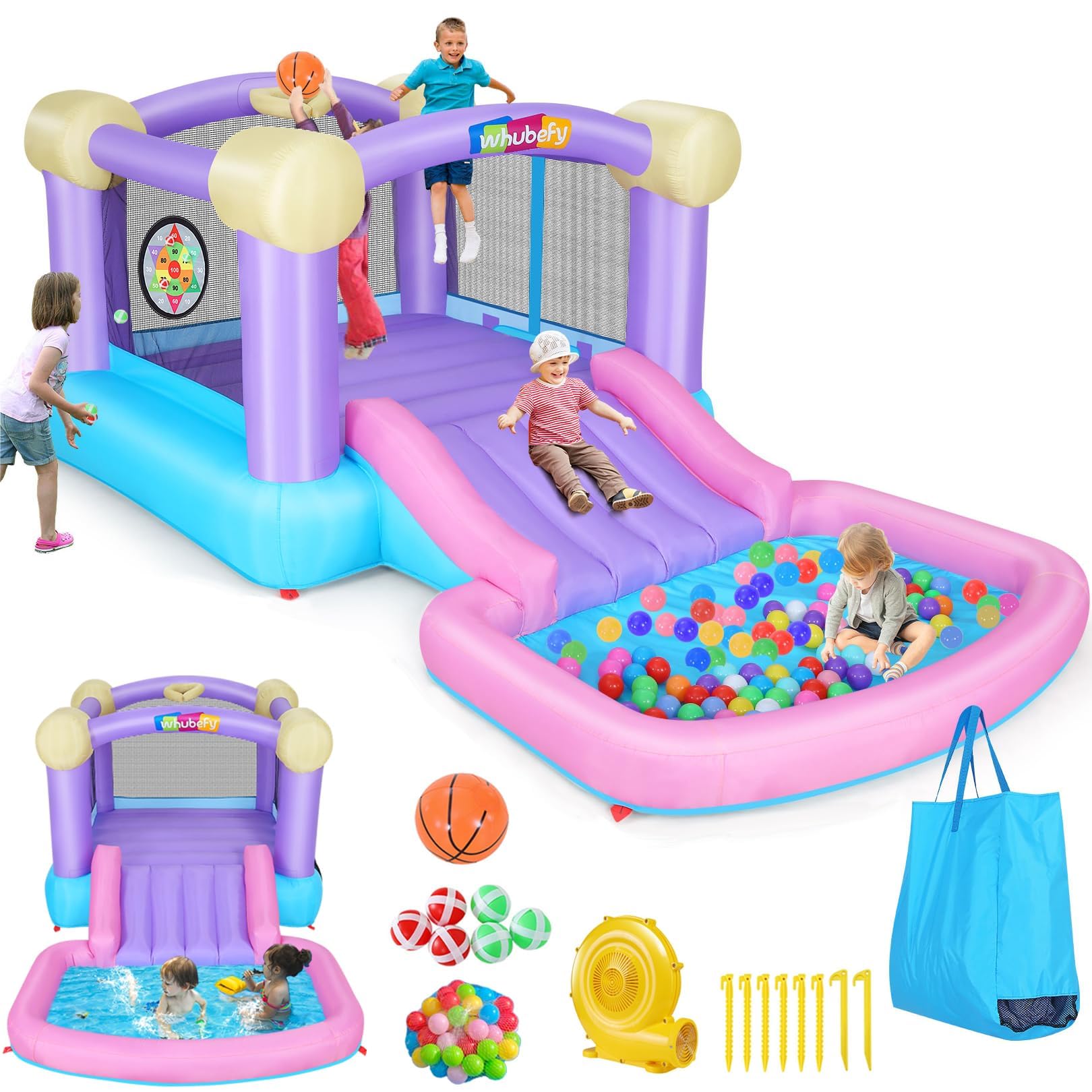 Whubefy Inflatable Pink Bounce House for Kids 2-8 with Ball Pit, 161x82x63 All-in-ONE Jump and Slide Water Park w/50 Ocean Balls, 6 Dart Target Balls, Basketball, Stakes, Repair Kits, Storage Bag