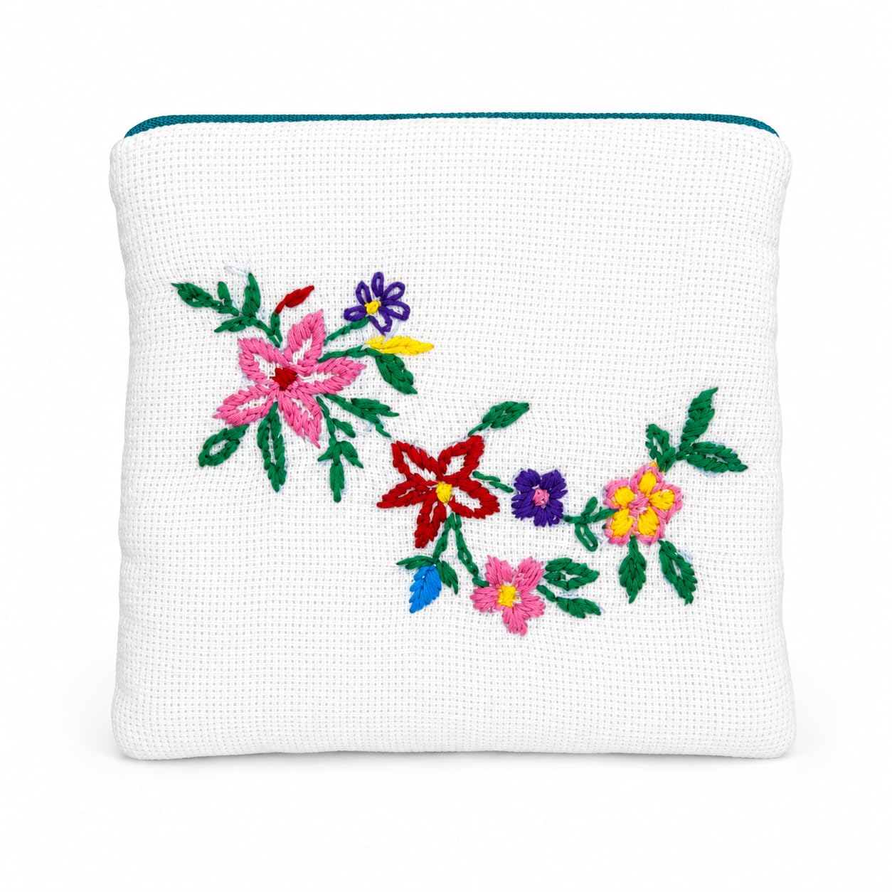 Floral Embroidered Zipper Pouch, White Fabric Cosmetic Bag | Hand Embroidery, Teal Zipper, Multicolour Flowers, Compact Pouch, Textured Fabric-picture-28