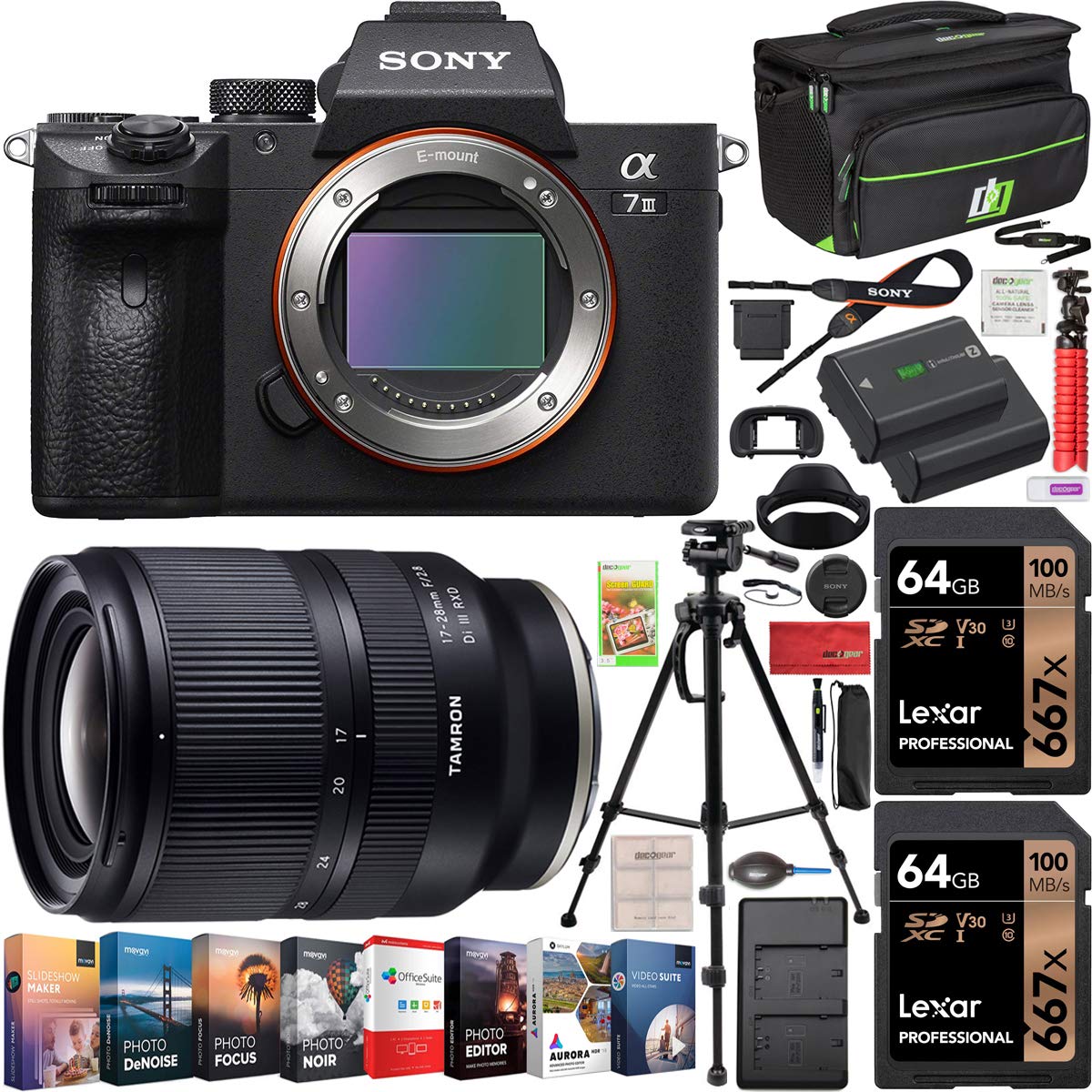 Sony a7III Full Frame Mirrorless Camera ILCE-7M3 with Tamron 17-28mm F/2.8 Di III RXD Full Frame A046 Lens Set + Deco Gear Case Tripod 2 x 64GB Memory Cards Extra Battery Kit Deluxe Bundle