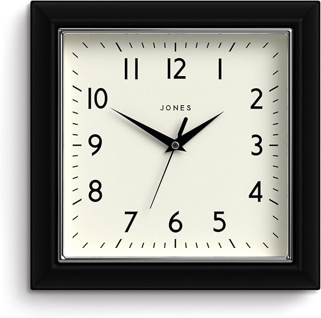 Jones Clocks® Mustard Square Retro Wall Clock Modern Colour Design Perfect as a Kitchen Clock, Living Room Wall Clock or Office Clock with Easy to Read Numbers 25cm (Black)