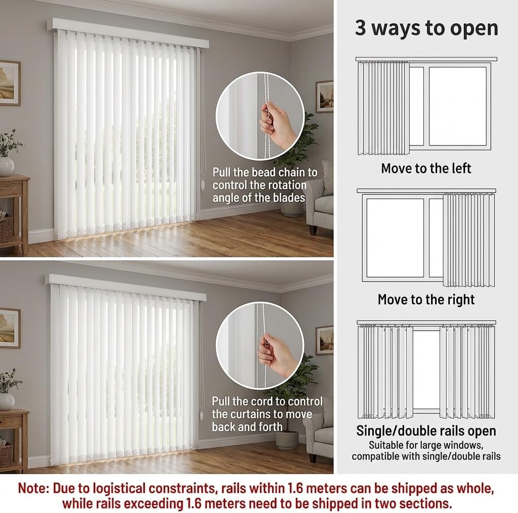 Modern White Vertical Blinds, Blackout Window Blind for Patio Doors and Large Windows, Adjustable Fabric Panel Blinds, Cordless Room Divider for Home and Office 68" 71" 78" 83" 88"(98" W x 64" H)