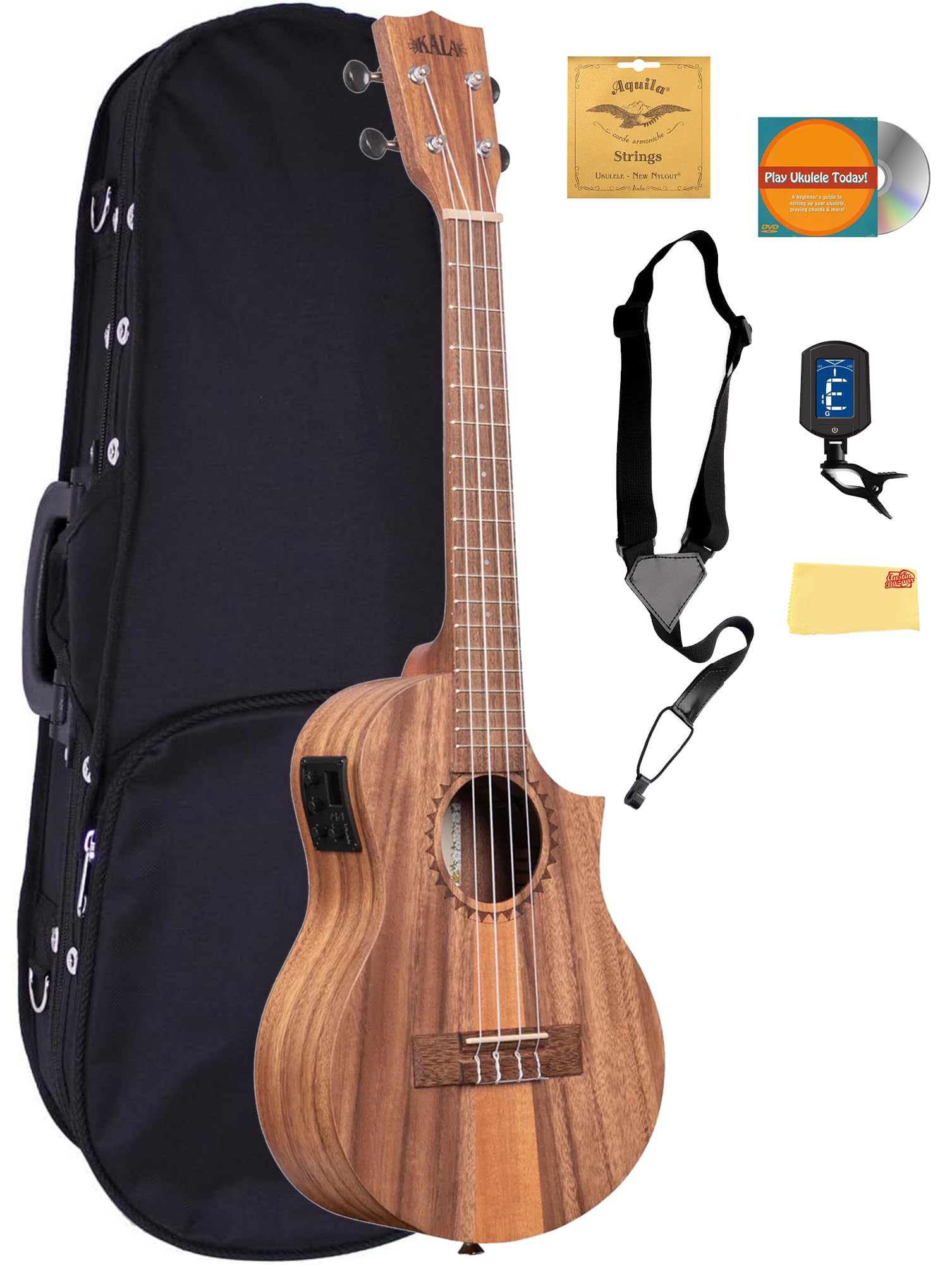 Kala KA-TK-T-CE Teak Tri-Top Tenor-Ukulele mit Cutaway und EQ-Set mit Tasche, Stimmgerät, Aquila-Saiten, Gurt, Austin Bazaar Anleitungs-DVD und Poliertuch