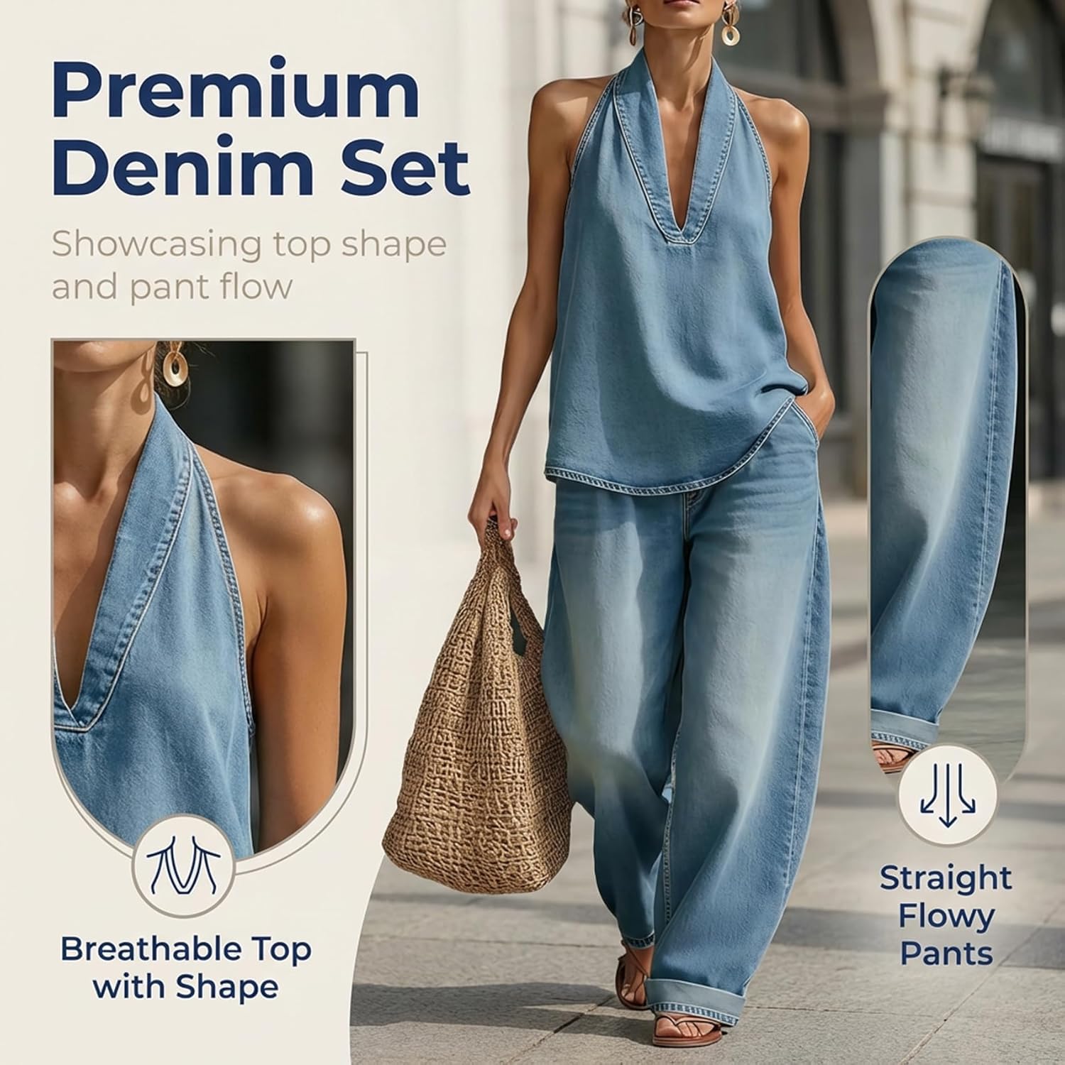 Cozy Minimalist Two-Piece Denim Set - Women's Fashion Halter Denim Sets Solid Color Tank Top Wide Leg Pants Two Piece