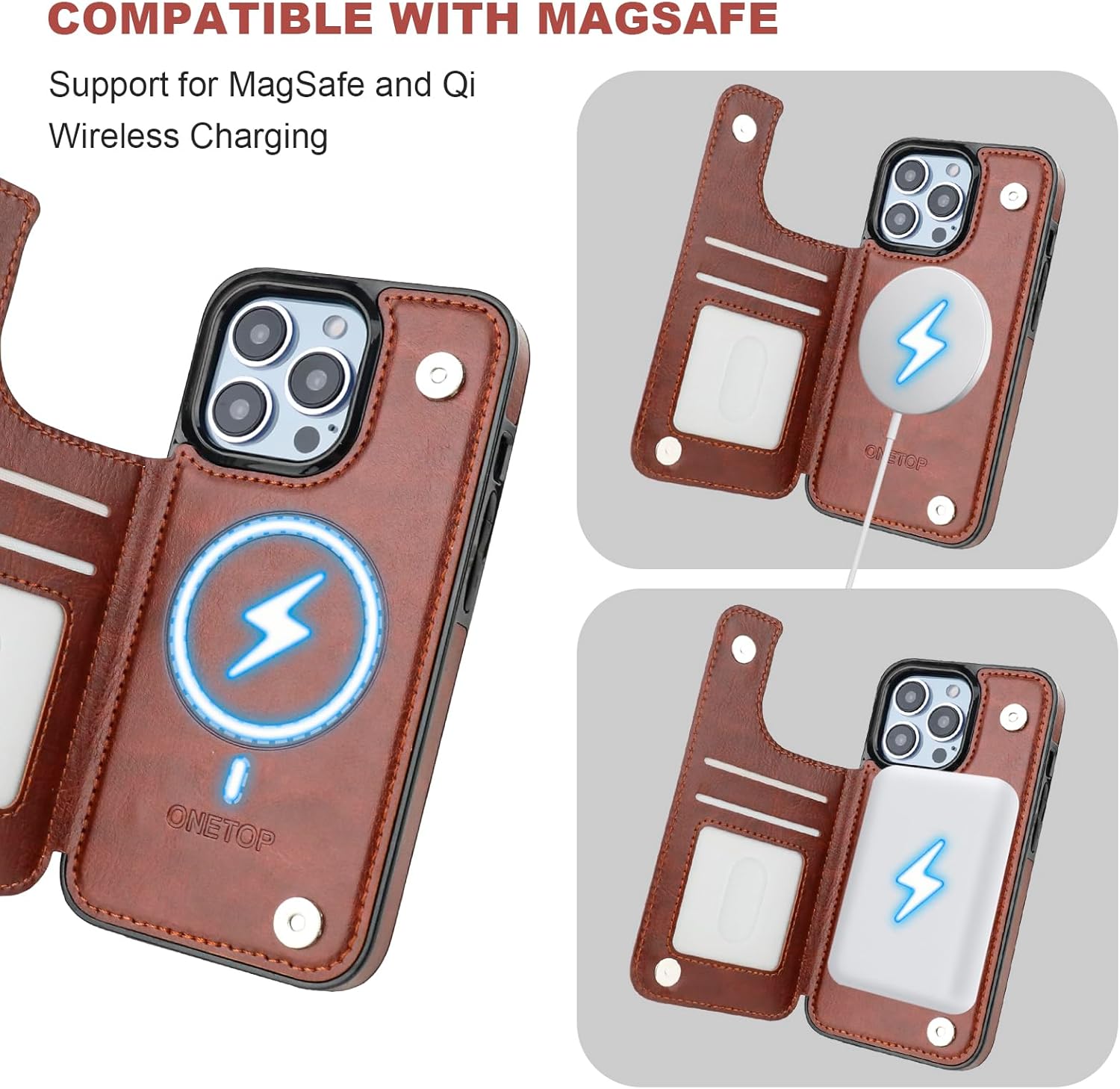 ONETOP Compatible with Magsafe for iPhone 13 Pro Wallet Case with Card Holder, PU Leather Kickstand RFID Blocking Case, Double Magnetic Clasp and Durable Shockproof Cover 6.1 Inch (Brown) - Image 5