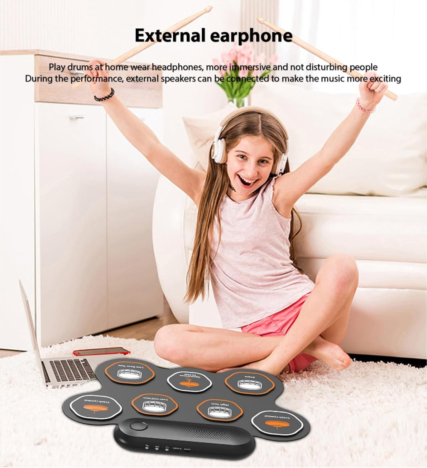 Electronic Drum Set, 7 Pad Kids Electronic Drum Set with Headphone Jack Roll Up Electric Drum Pad Kit Portable Rechargeable Midi Drum Kit Holiday Gifts for Kids