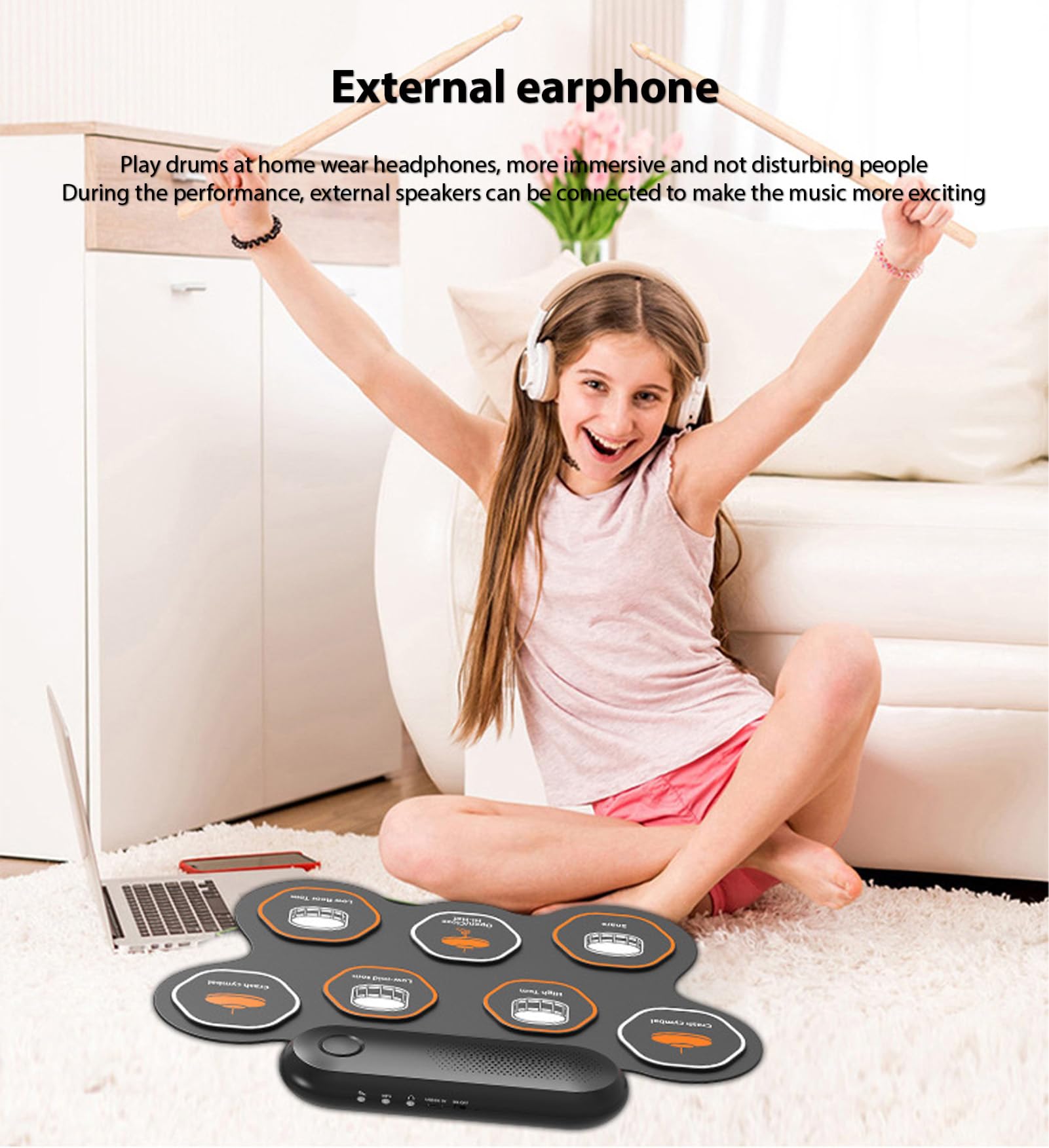 Batería electrónica con altavoz de 3 W Batería enrollable manual 7 pads Admite varias entradas de audio 3 estilos de batería 10 ritmos 10 canciones de demostración Pad de práctica