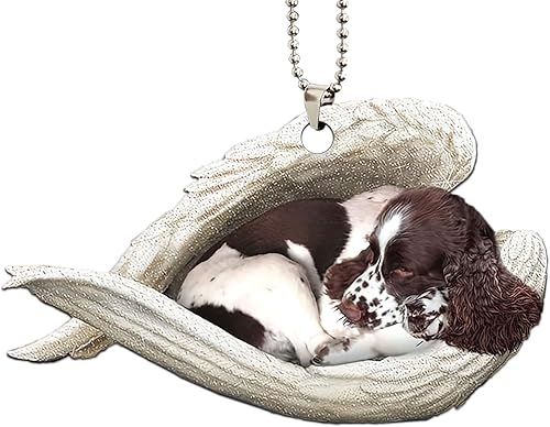 Miniatura 7 de Talataca Springer Spaniel inglés Sleeping Angel Wing Memorial Dog 2D Flat Car Espejo retrovisor Accesorios Árbol de Navidad Decoración Colgante