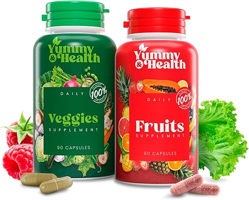 Miniatura 1 de YUMMY & HEALTH Suplemento de frutas y verduras, hecho con superalimentos, 90 cápsulas de frutas y 90 vegetales, fórmula de bienestar para apoyar el