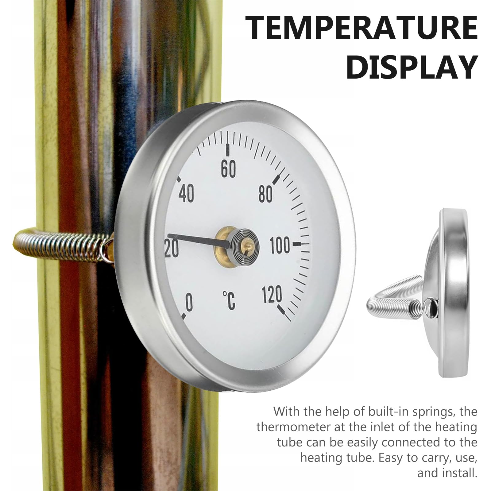 6 Stück Anlegethermometer Heizungsrohr, 63 mm Bimetall Industrielles Rohrthermometer, 0-120 °C anlege-zeigerthermometer mit Clip-On Feder für Heizkörperrohrtemperatur, Heim & Industrie