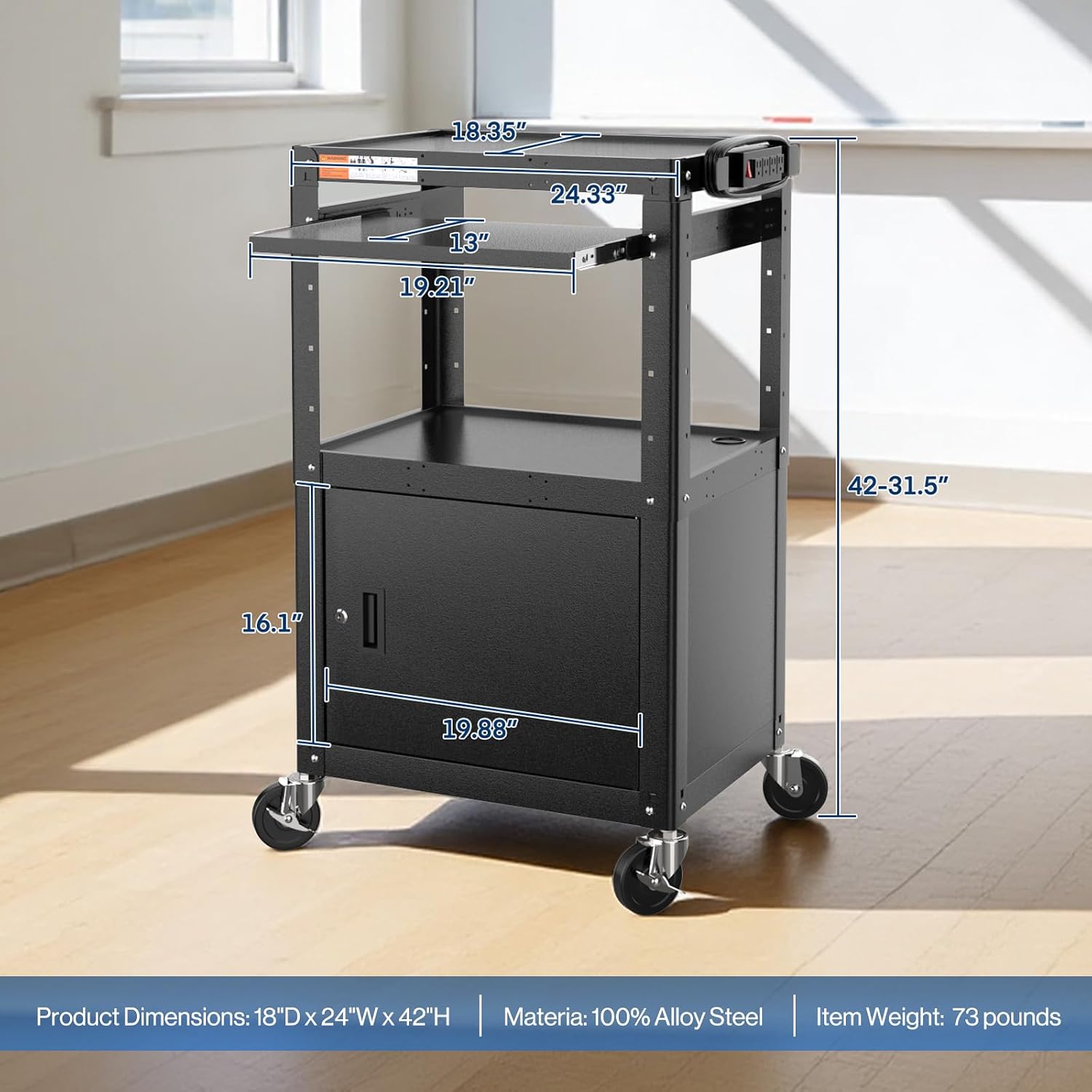 Height Adjustable Steel Frame AV Cart with Keyboard Tray - Comes with Locking Cabinet and 5ft 9in Power Strip Black