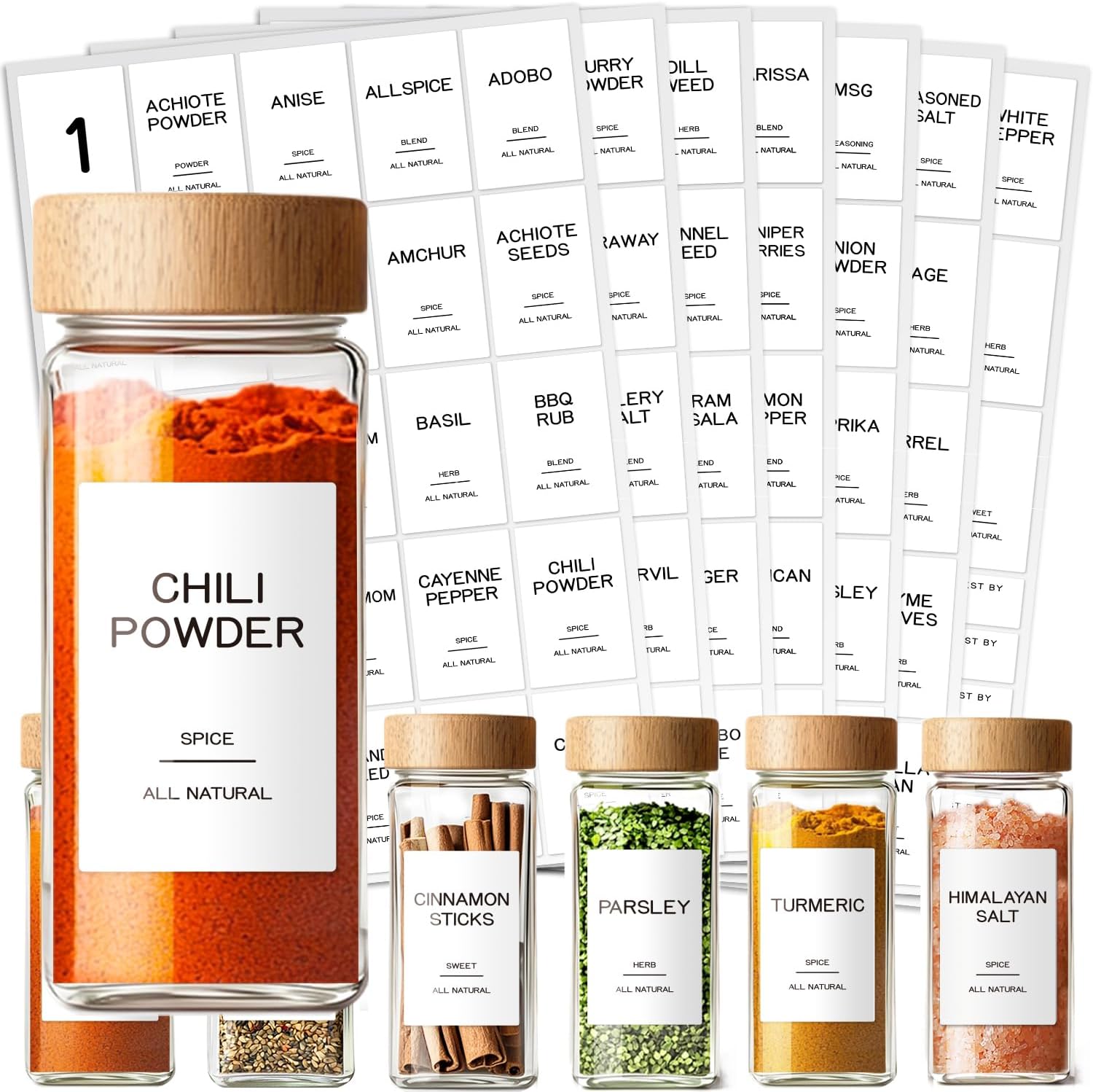 201 Spice Jar Labels - Preprinted Minimalist Waterproof Stickers for Kitchen Jars, Herb & Seasoning Labels for Pantry Organization White Square spice labels