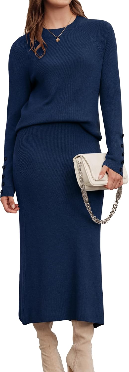 Arach&Cloz Women's Wool Blend Sweater 2 Piece Sets Business Lounge Long Sleeve Top Midi Dress Outfits