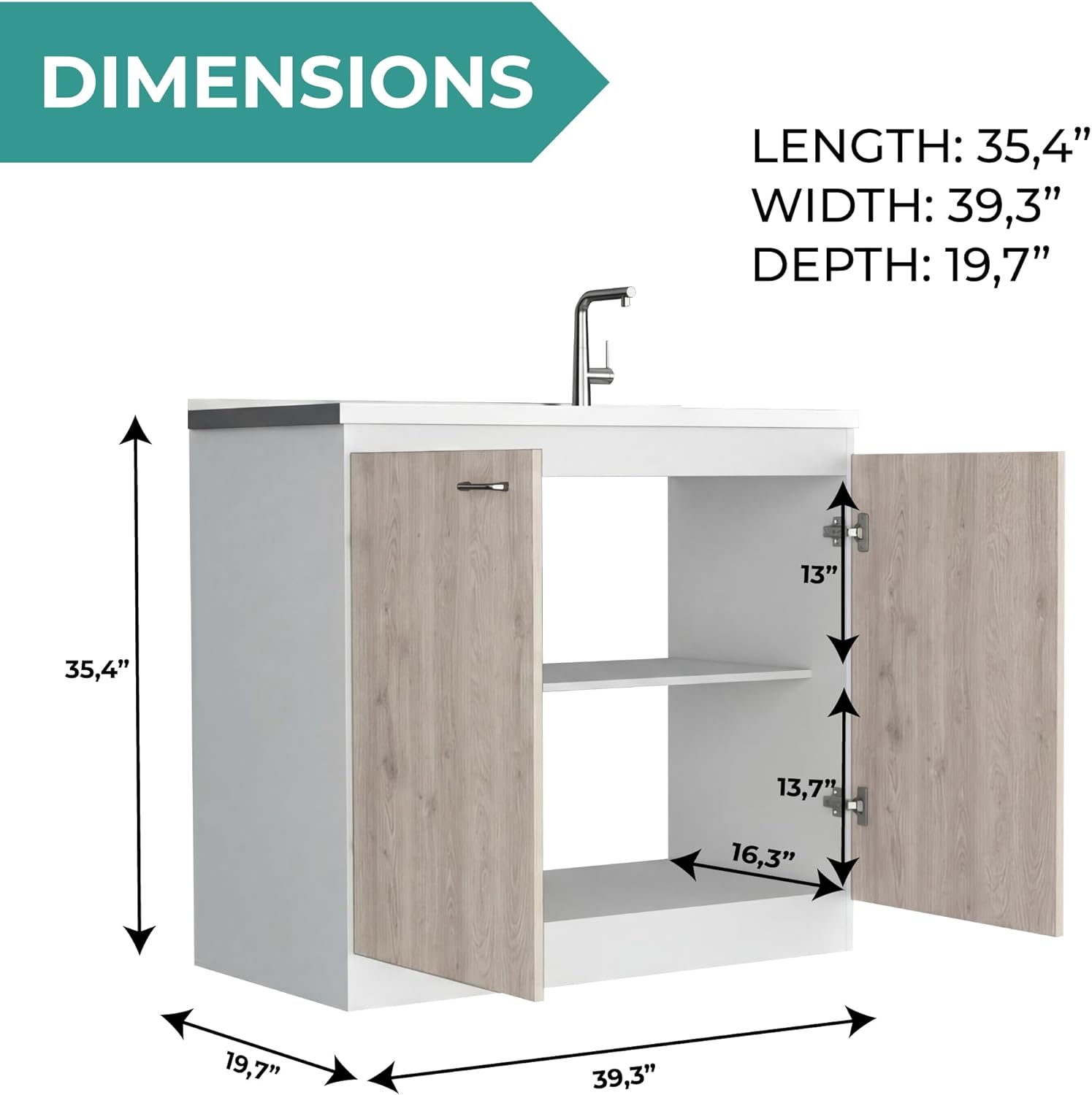 Tuhome Napoles Utility Sink Base Cabinet with Integrated Stainless Steel Countertop, Freestanding Cabinet with Double Doors, Interior Shelf for Laundry Room, Utility Room, Mudroom or Kitchen