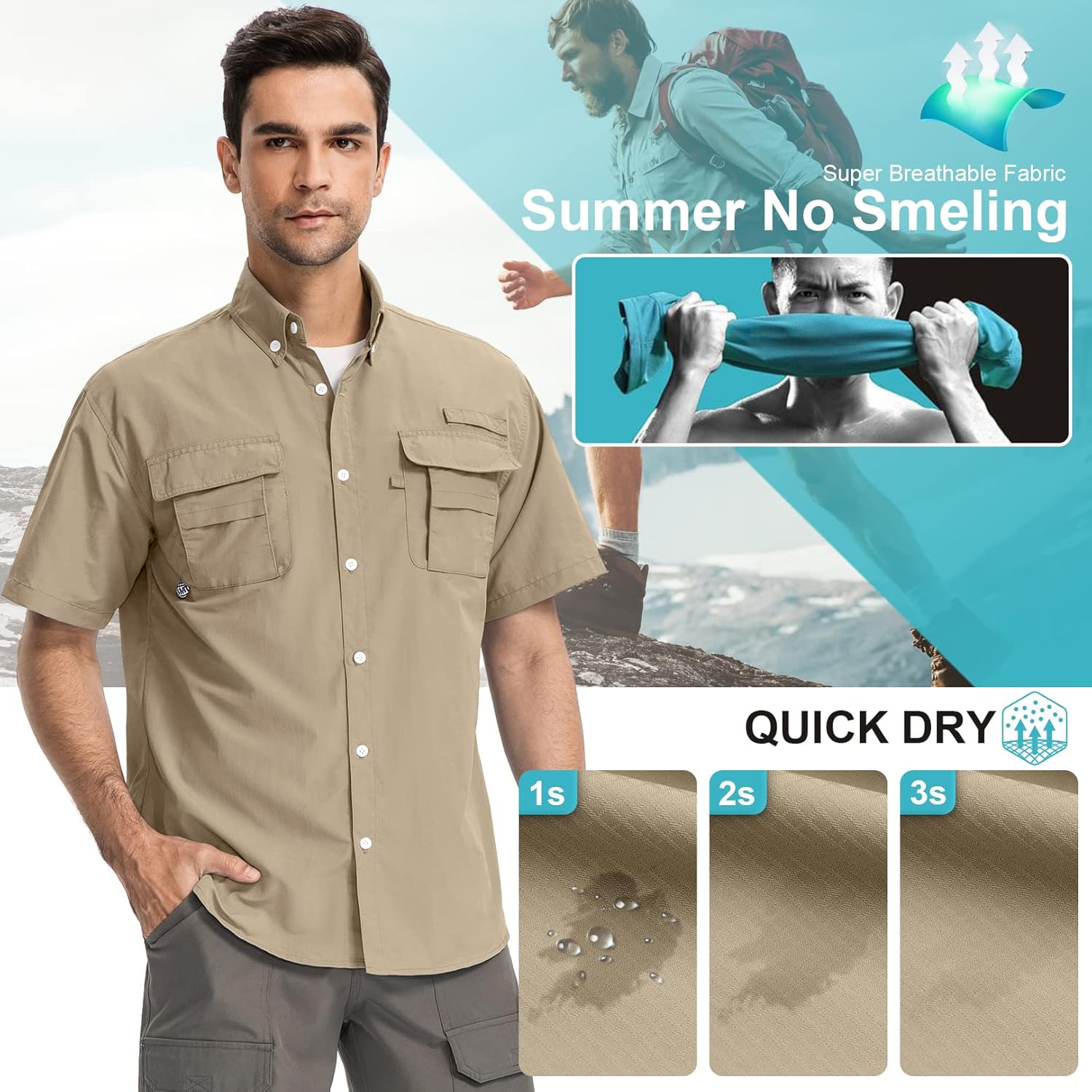 Men's UPF 50 Short Sleeve Safari Shirts,Sun Protection Quick Dry Outdoor Fishing Hiking Gardening Shirt 5016,Khaki,3XL - Image 4
