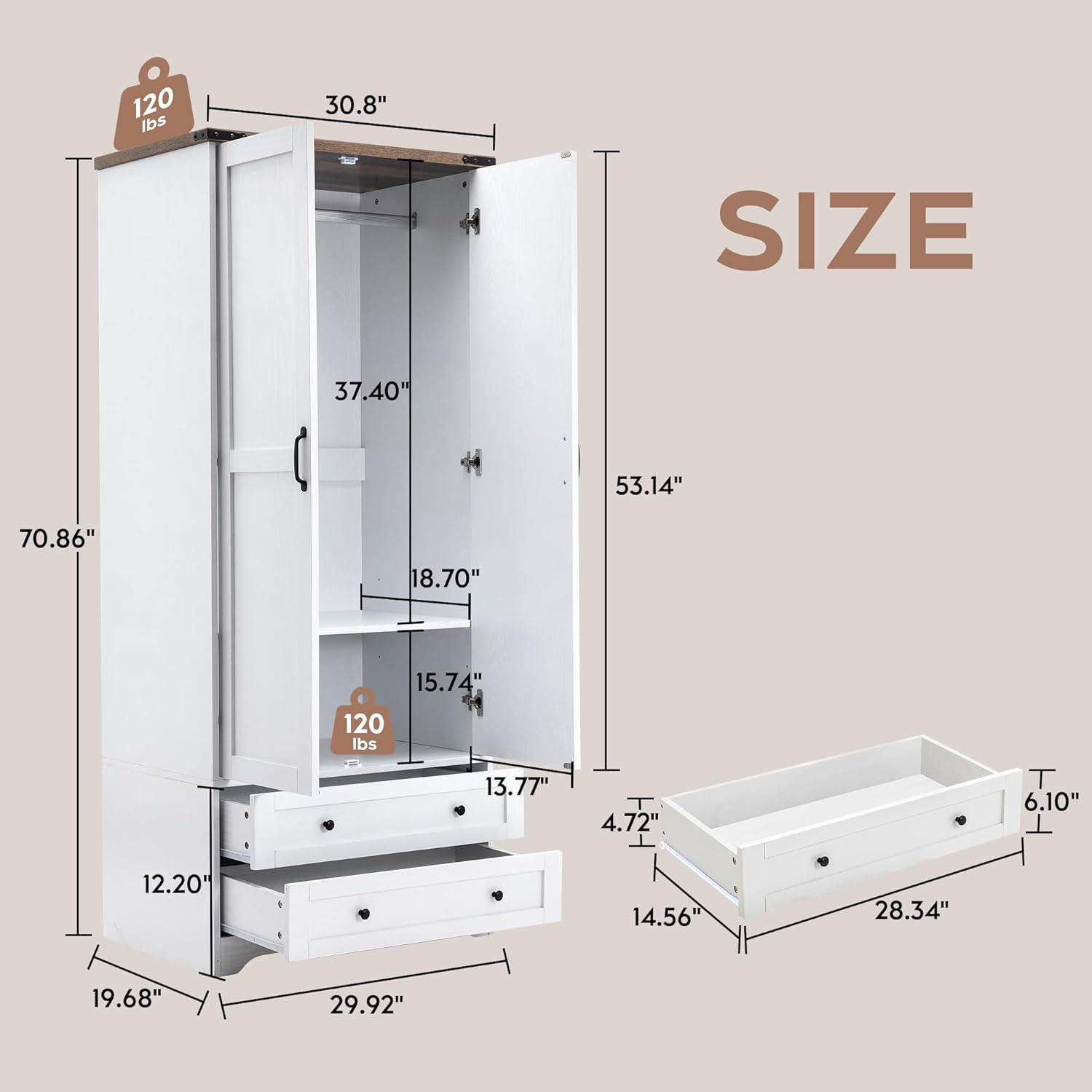 Brafab Armoire Wardrobe Closet with 2 Modern Doors, 71" Tall Freestanding Closet Wardrobe Cabinet with Drawers and Hanging Rail, Light Wooden Storage Cabinet with Shelve for Bedroom (White, 2 Doors)