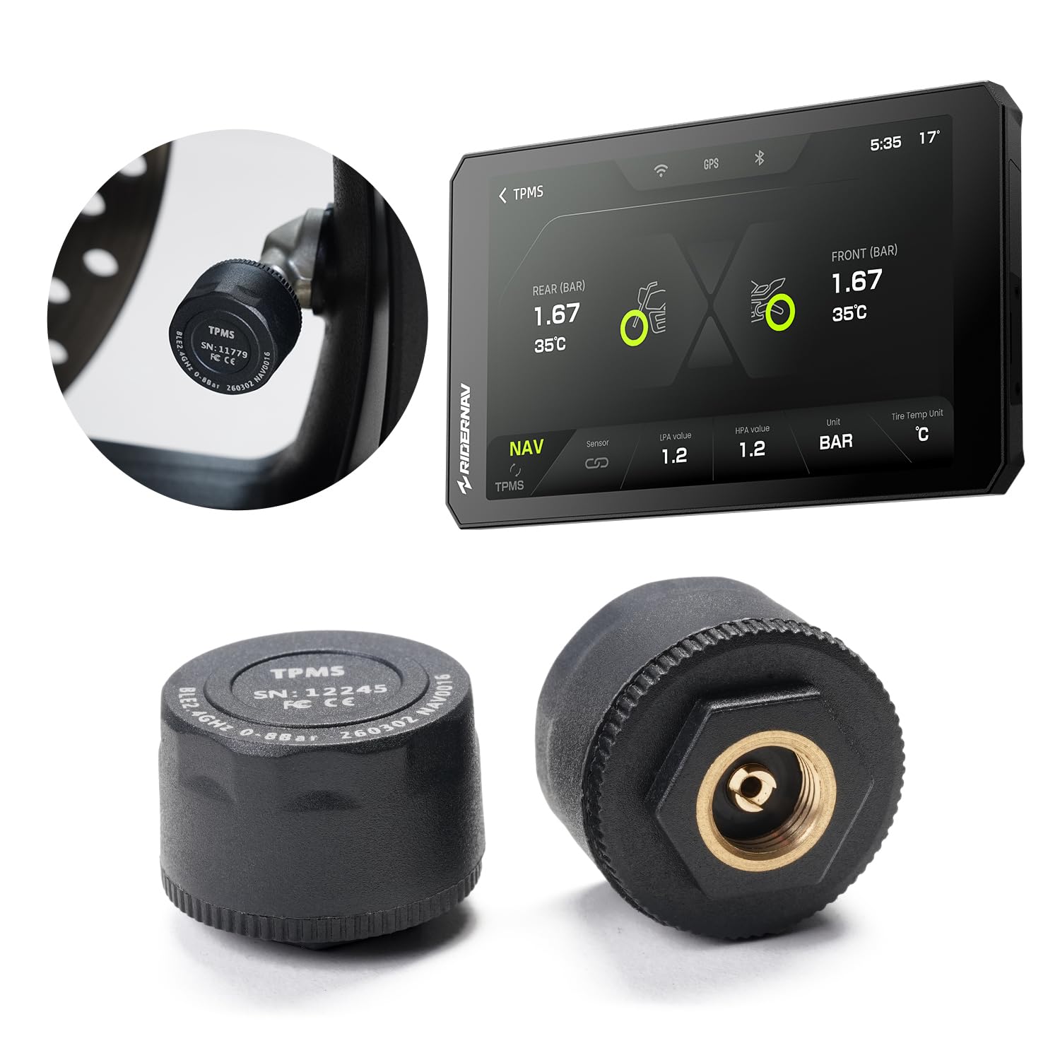 NAV0016 RiderNav TPMS Moto Sensori Pressione Pneumatici Esterni, Sistema di Monitoraggio Pressione e Temperatura in Tempo Reale per Display Intelligenti R7M / R7X, Antifurto