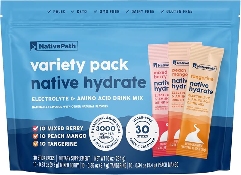 NativePath Hydrate Electrolyte Stick Packs Variety Pack, 30 Count | Mixed Berry, Peach Mango & Tangerine Sticks, 14 Vitamins, 9 Aminos & 2000mg BCAAs, Zero Sugar, Keto